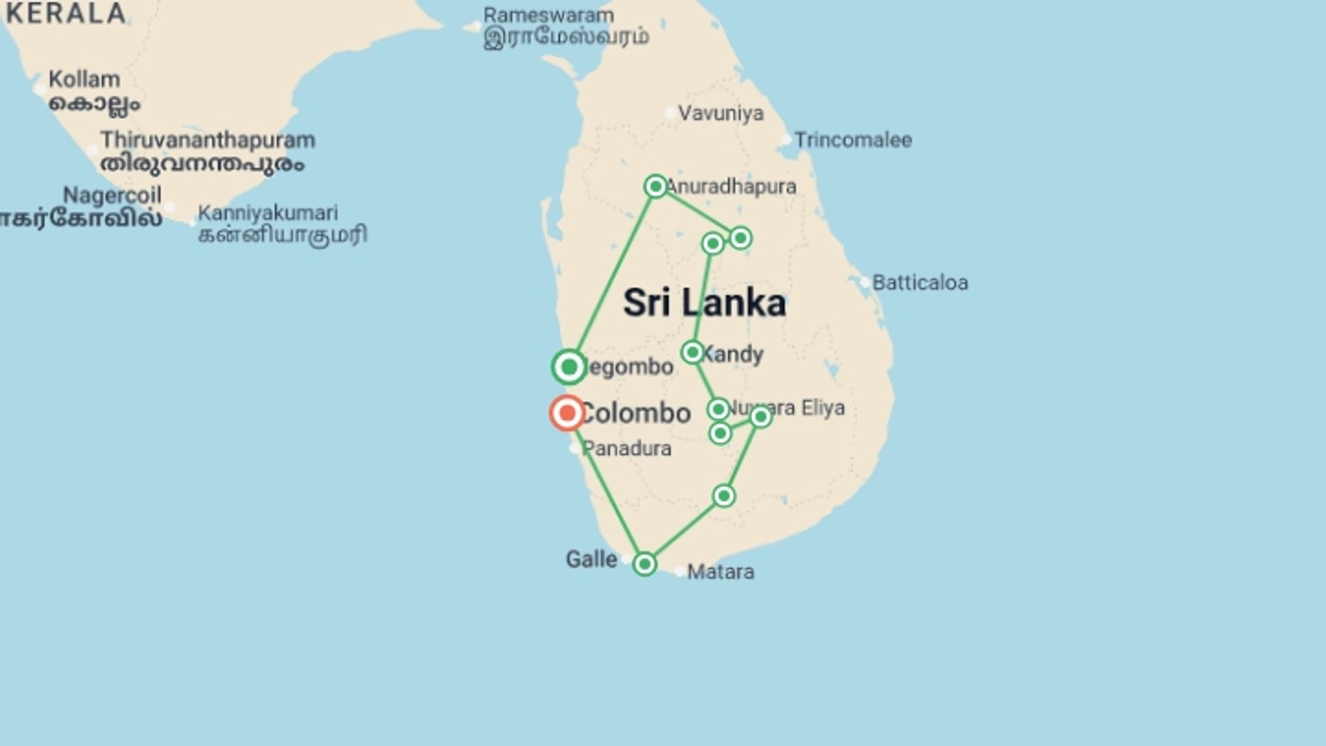 A map showing the tour itinerary for the trip: Sri Lanka in Depth, starting in Negombo, Sri Lanka and ending in Colombo, Sri Lanka going through 7 other destinations.