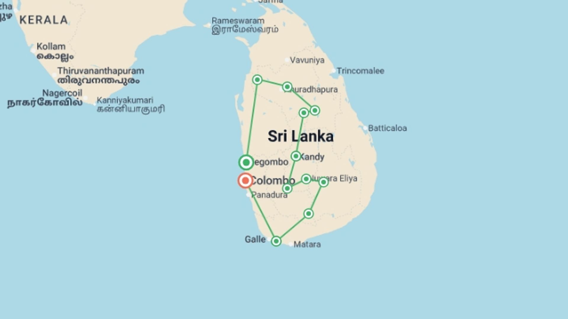 A map showing the tour itinerary for the trip: Sri Lanka in Depth, starting in Negombo, Sri Lanka and ending in Colombo, Sri Lanka going through 7 other destinations.
