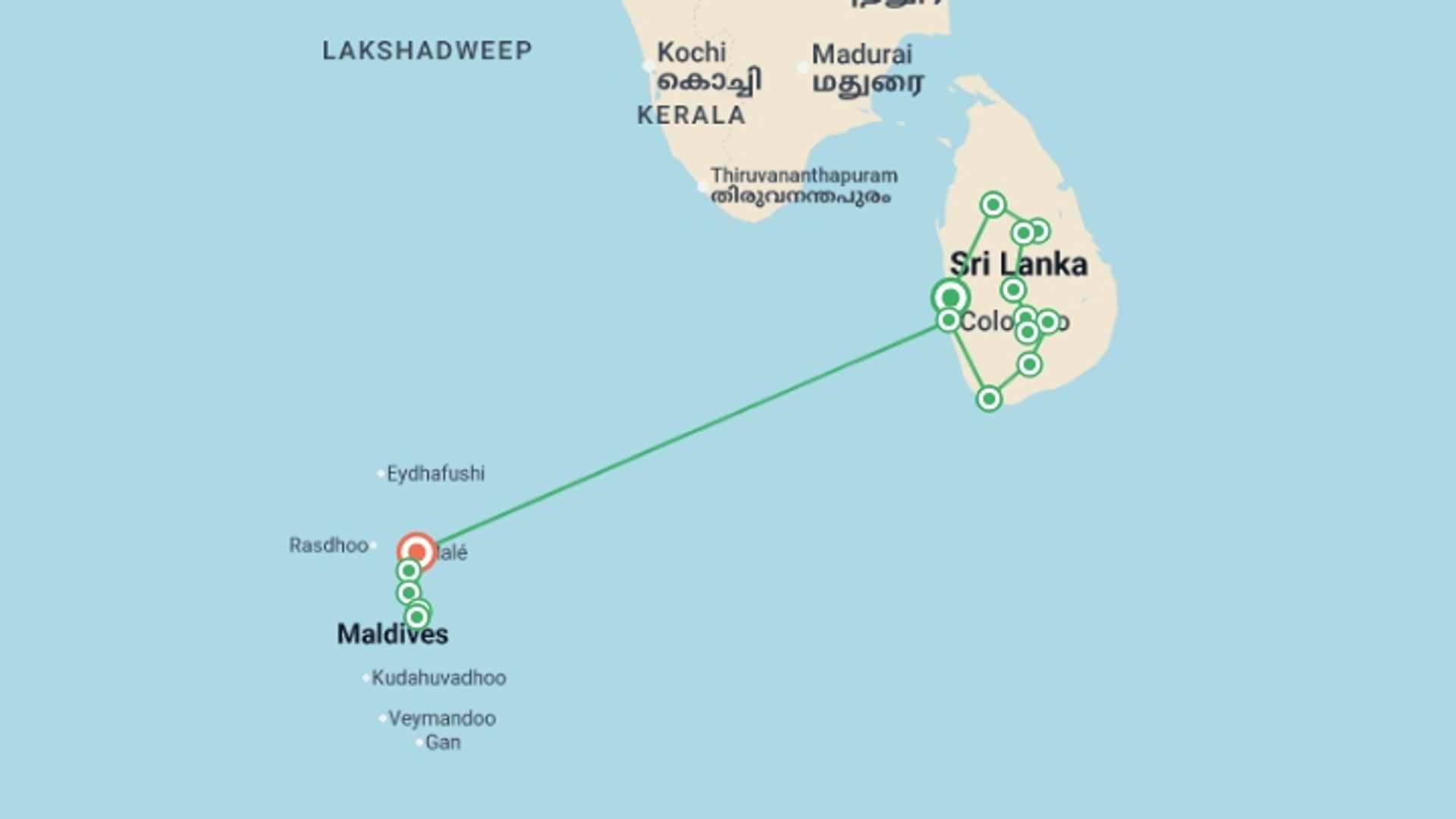 A map showing the tour itinerary for the trip: Sri Lanka in Depth + Maldive Dhoni Cruise, starting in Negombo, Sri Lanka and ending in Male, Maldives going through 8 other destinations.