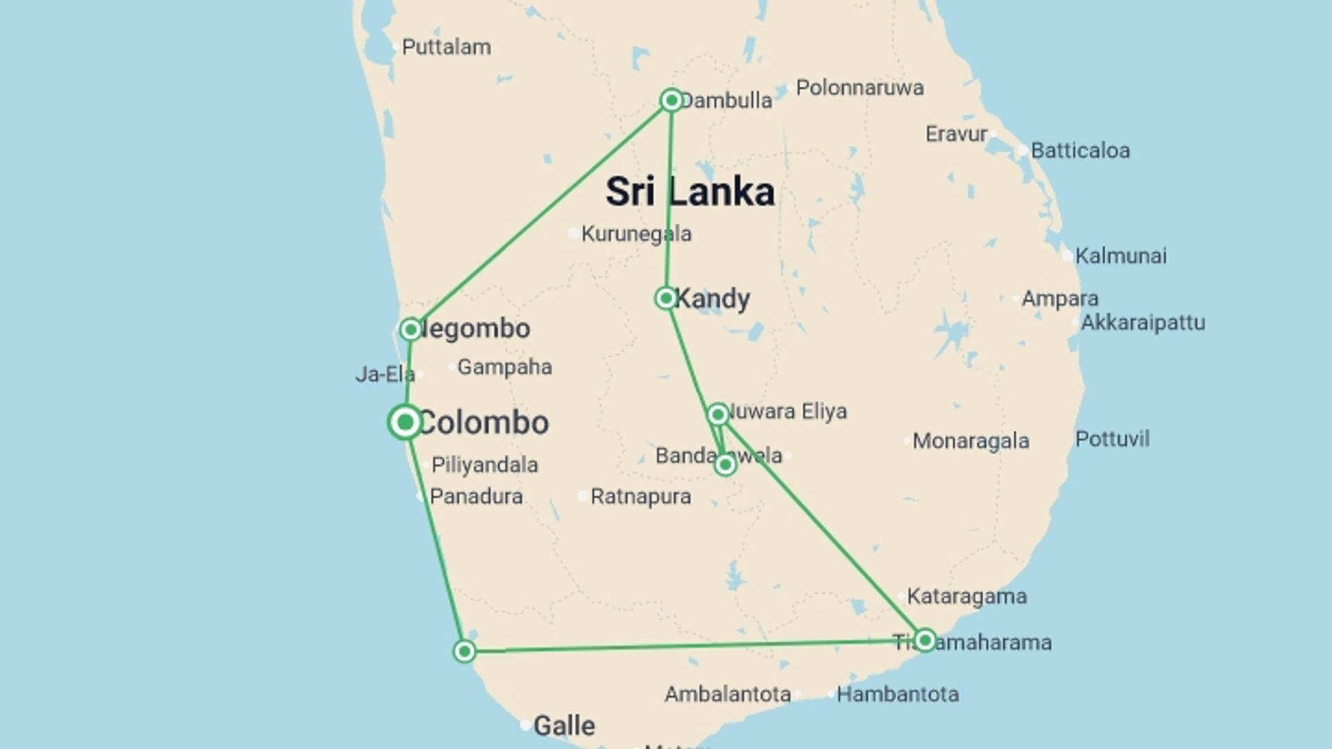 A map showing the tour itinerary for the trip: Sri Lanka: Leopard Safaris, Tea Highlands & Ancient Temples, starting in Colombo, Sri Lanka and ending in Negombo, Sri Lanka going through 5 other destinations.
