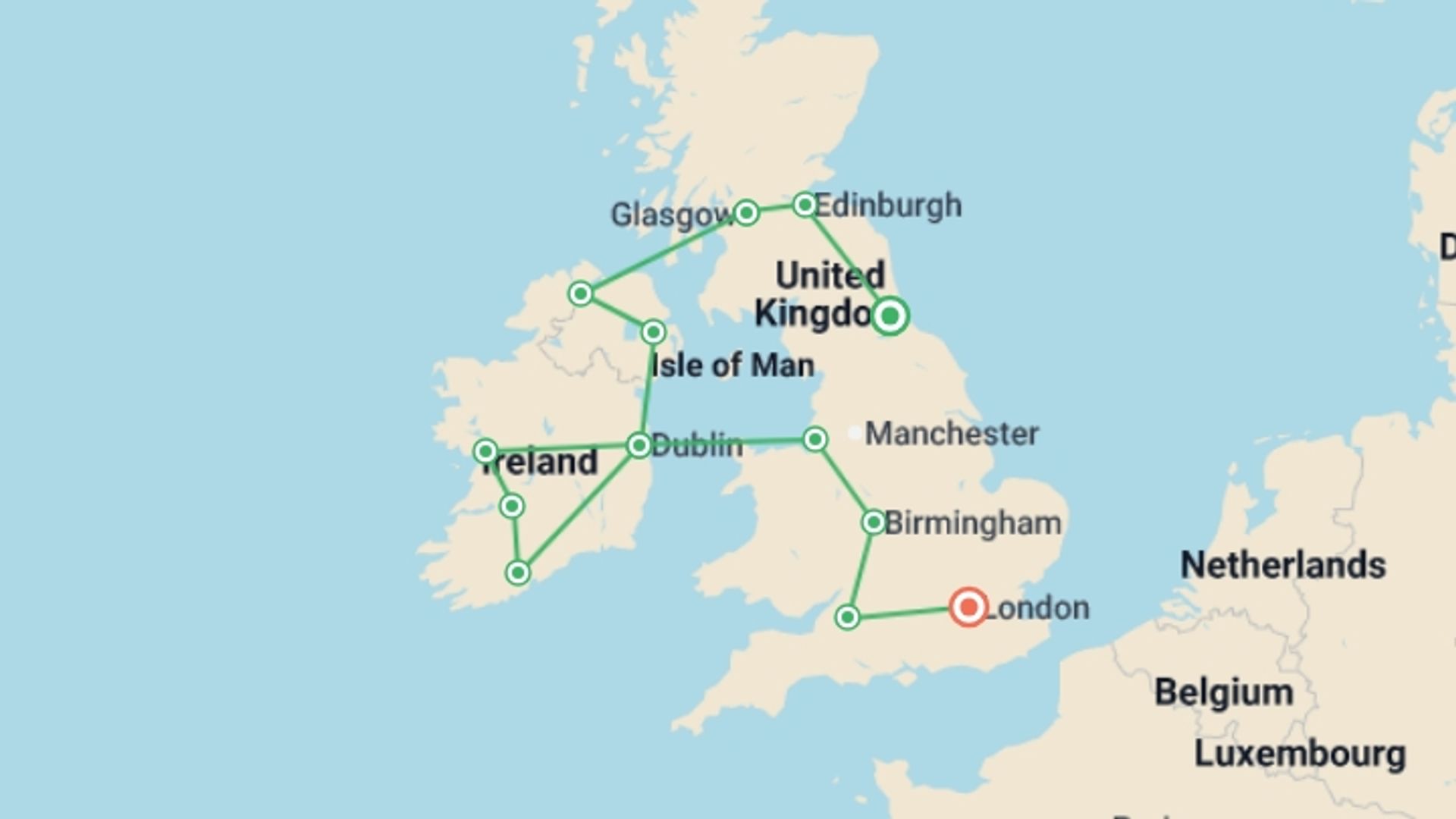 A map showing the tour itinerary for the trip: Stories and Legends: United Kingdom, Scotland, and Ireland, starting in London, England and ending in London, England going through 9 other destinations.