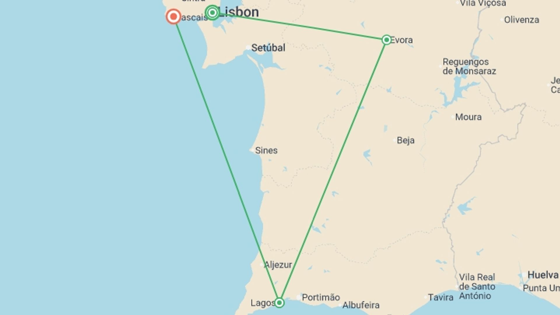 A map showing the tour itinerary for the trip: Sunny Portugal Lisbon, Alentejo, Algarve & Portuguese Riviera, starting in Lisbon, Portugal and ending in Cascais, Portugal going through 3 other destinations.
