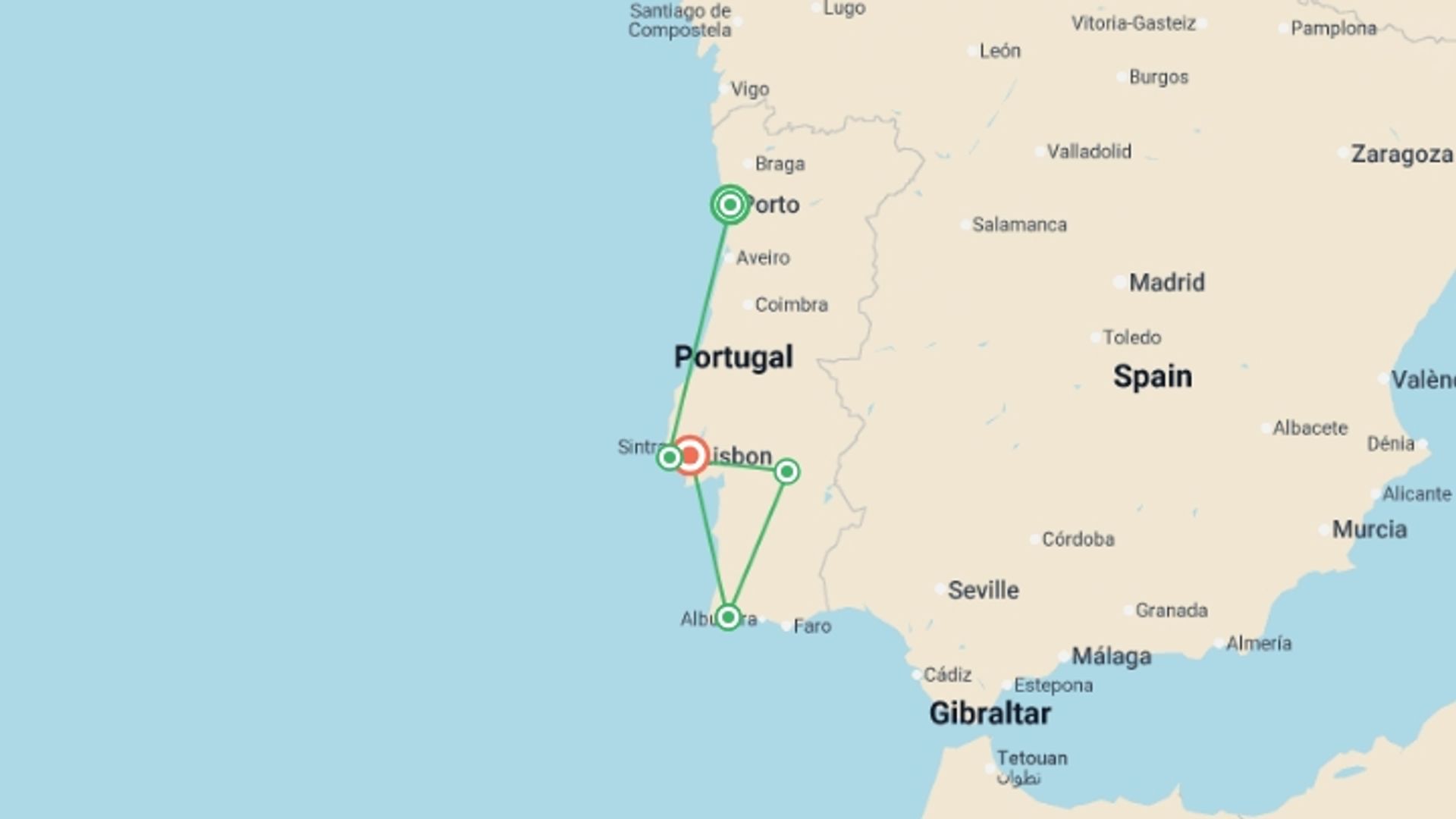 A map showing the tour itinerary for the trip: Sunny Portugal with Porto , starting in Porto, Portugal and ending in Lisbon, Portugal going through 4 other destinations.