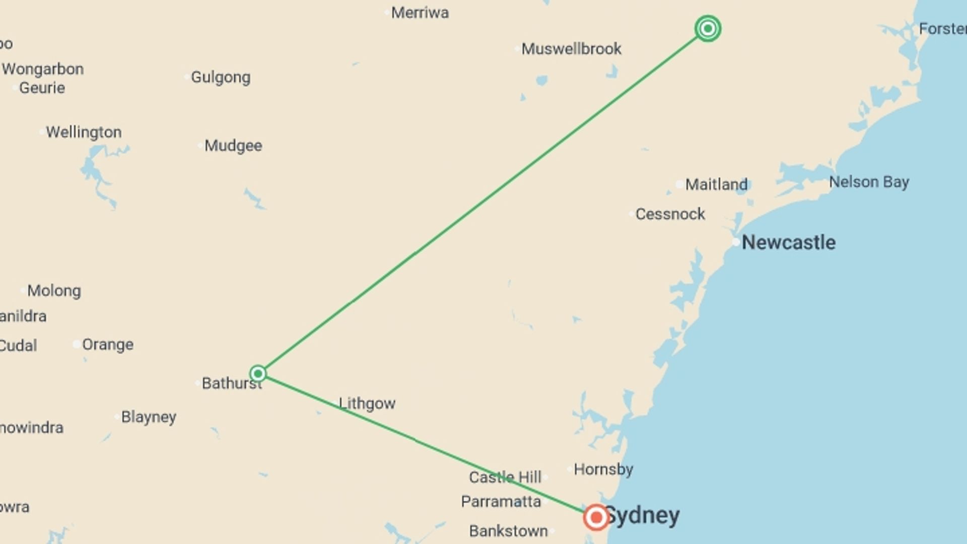 A map showing the tour itinerary for the trip: Sydney, Hunter Valley & Blue Mountains Escape, starting in Sydney and NSW, Australia and ending in Sydney and NSW, Australia going through 2 other destinations.