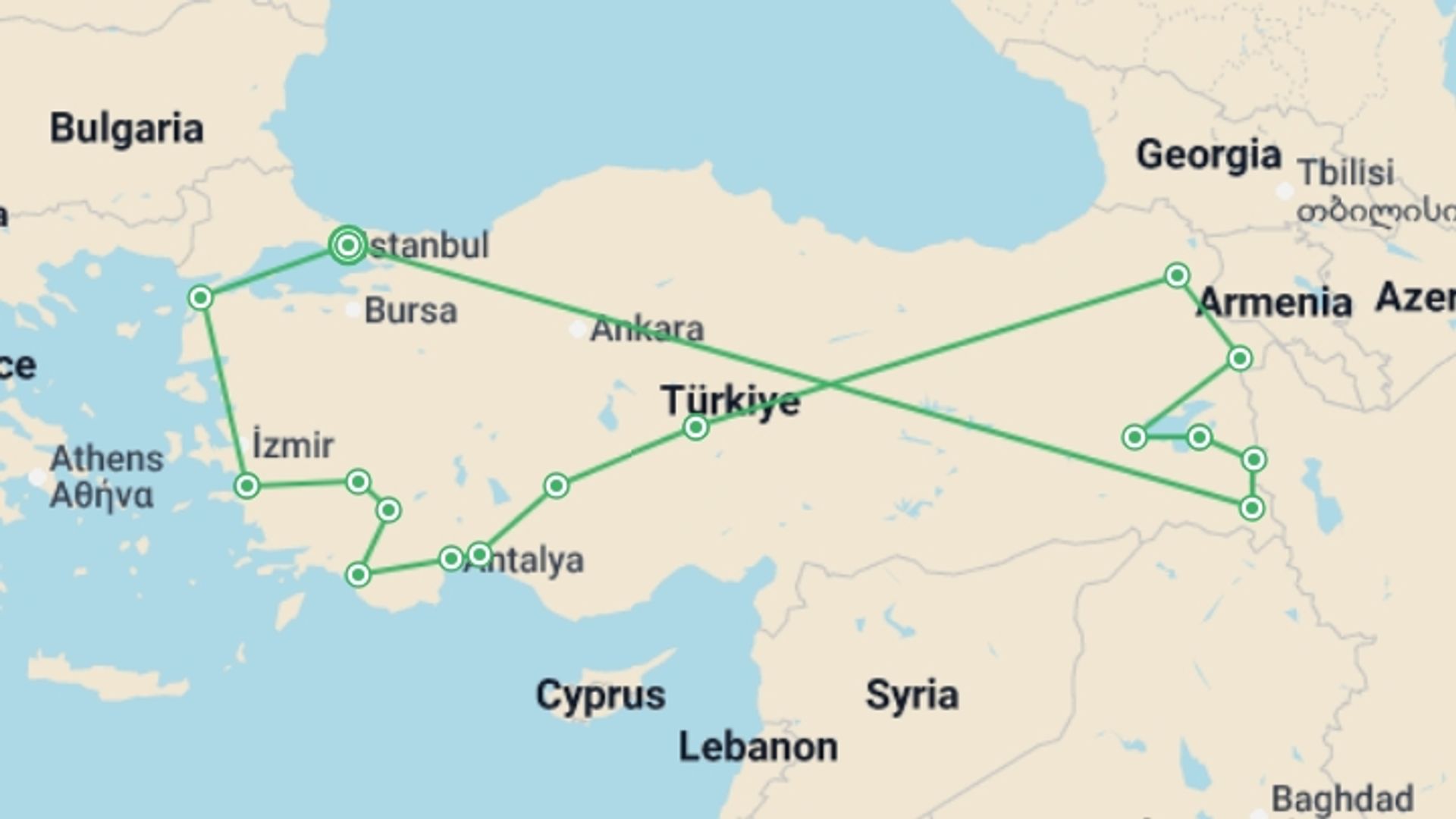 A map showing the tour itinerary for the trip: Türkiye Expedition, starting in Istanbul, Turkey and ending in Istanbul, Turkey going through 8 other destinations.