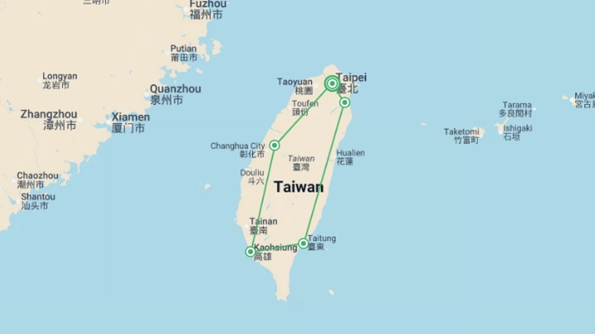 A map showing the tour itinerary for the trip: Taiwan Discovered (5 star) - 8 days, starting in Taipei, Taiwan and ending in Taipei, Taiwan going through 2 other destinations.