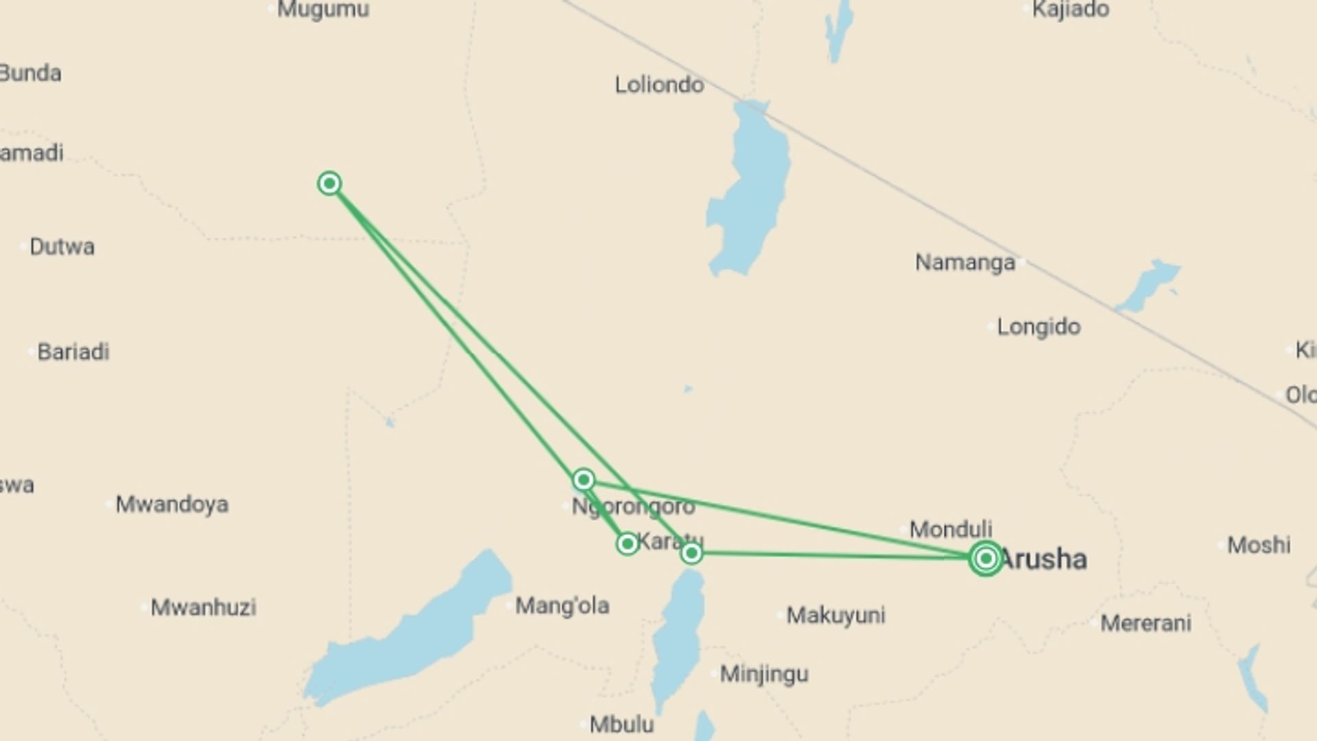 A map showing the tour itinerary for the trip: Tanzania Family Journey: A Serengeti Safari, starting in Arusha, Tanzania and ending in Arusha, Tanzania going through 3 other destinations.