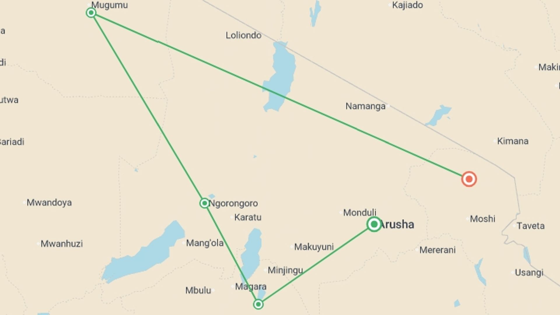A map showing the tour itinerary for the trip: Tanzania Safari with Serengeti - Small Group, starting in Kilimanjaro, Tanzania and ending in Kilimanjaro, Tanzania going through 3 other destinations.