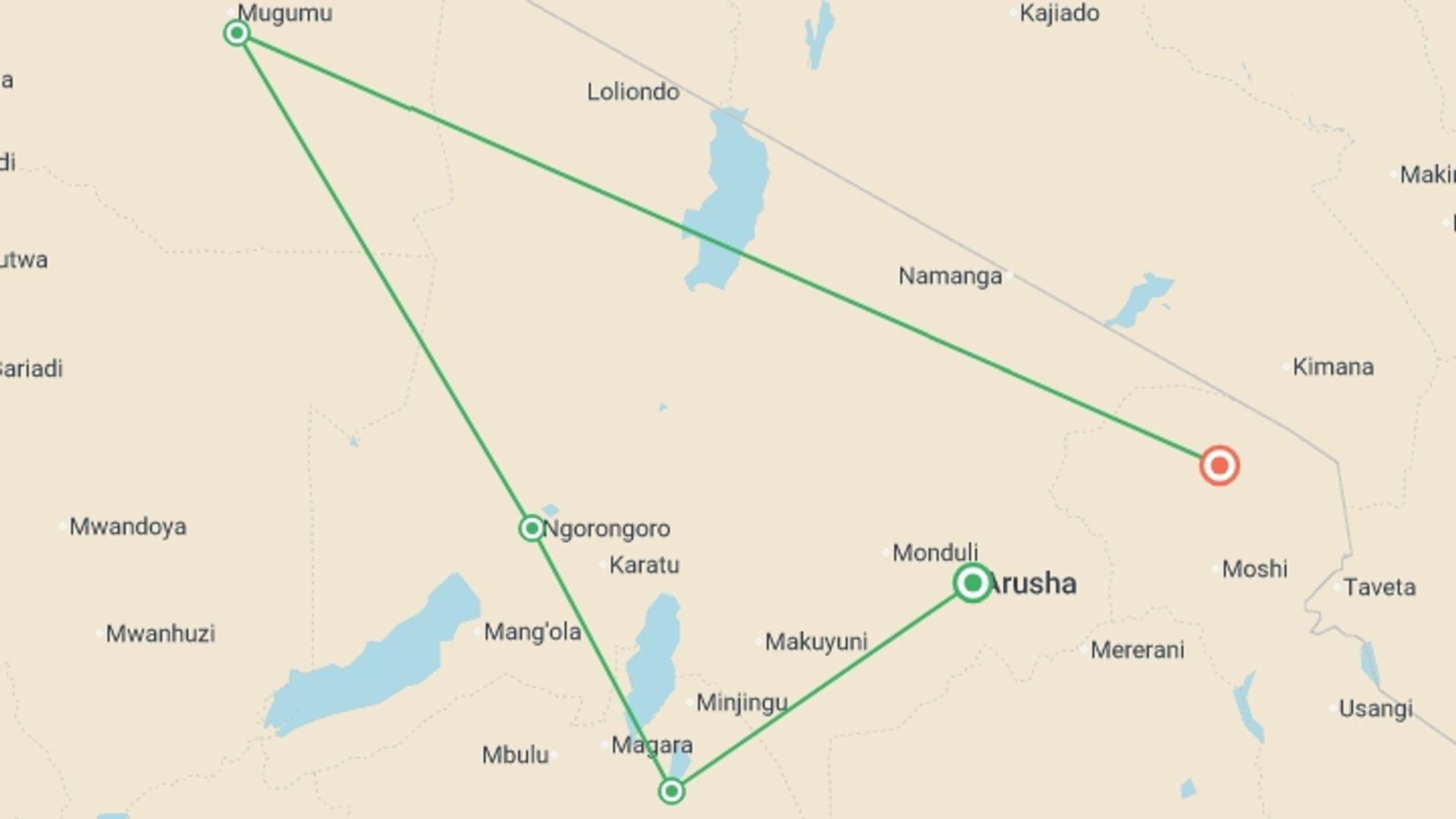 A map showing the tour itinerary for the trip: Tanzania Safari with Serengeti - Small Group, starting in Kilimanjaro, Tanzania and ending in Kilimanjaro, Tanzania going through 3 other destinations.