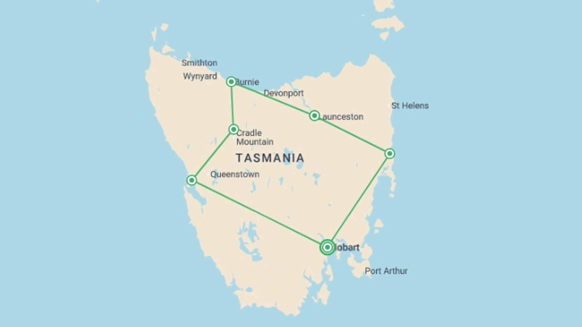 A map showing the tour itinerary for the trip: Tasmanian Wonders, starting in Hobart, Australia and ending in Hobart, Australia going through 2 other destinations.