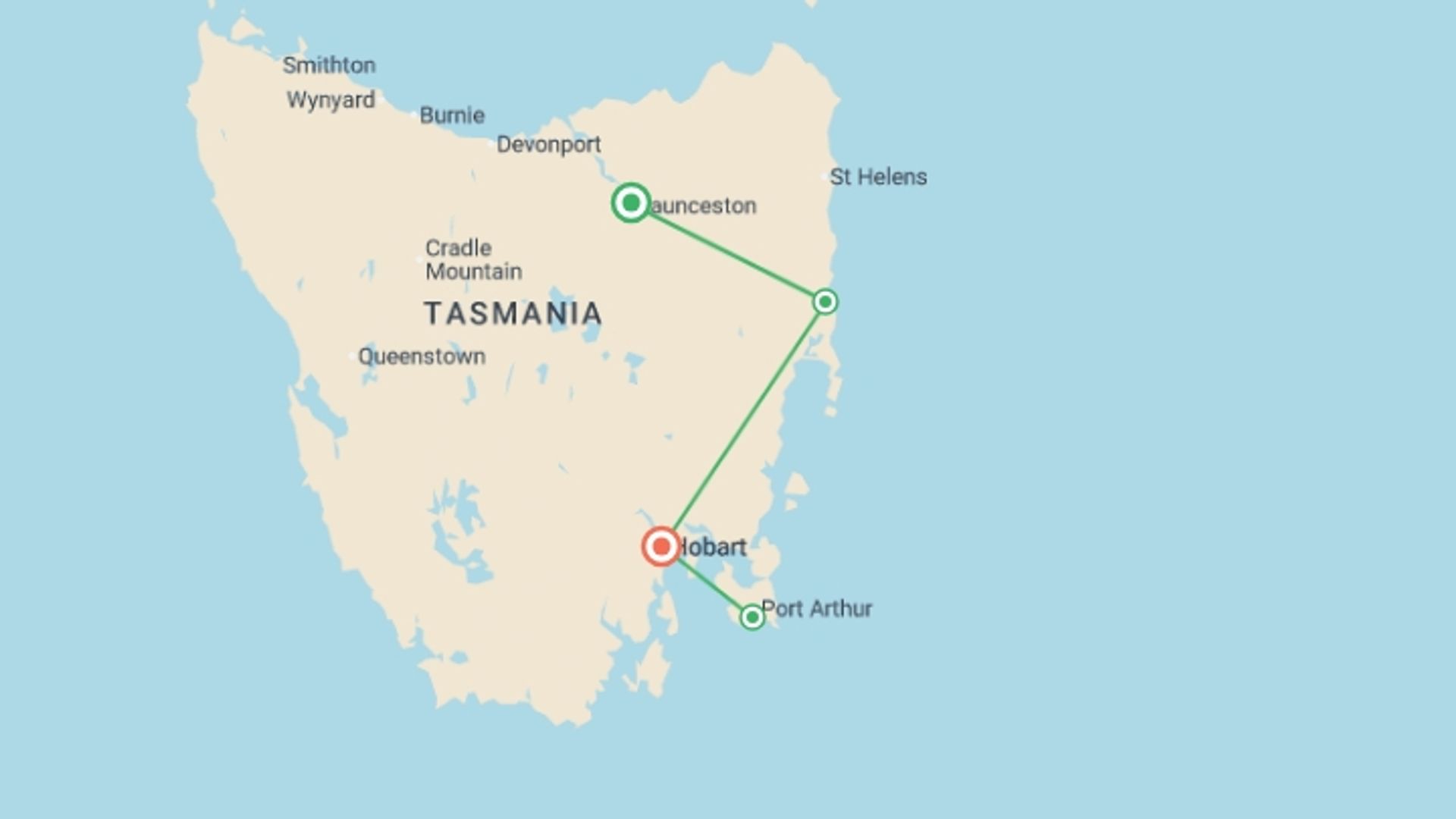 A map showing the tour itinerary for the trip: Tassie's East Coast Highlights, starting in Launceston, Australia and ending in Hobart, Australia going through 2 other destinations.