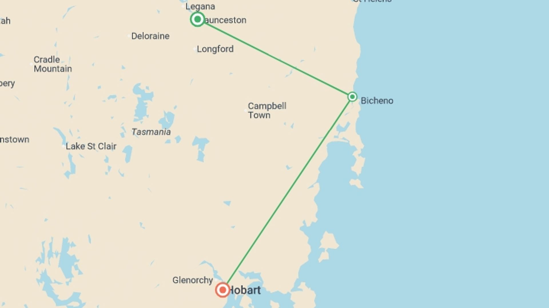 A map showing the tour itinerary for the trip: Tassie's East Coast Highlights, starting in Launceston, Australia and ending in Hobart, Australia going through 2 other destinations.