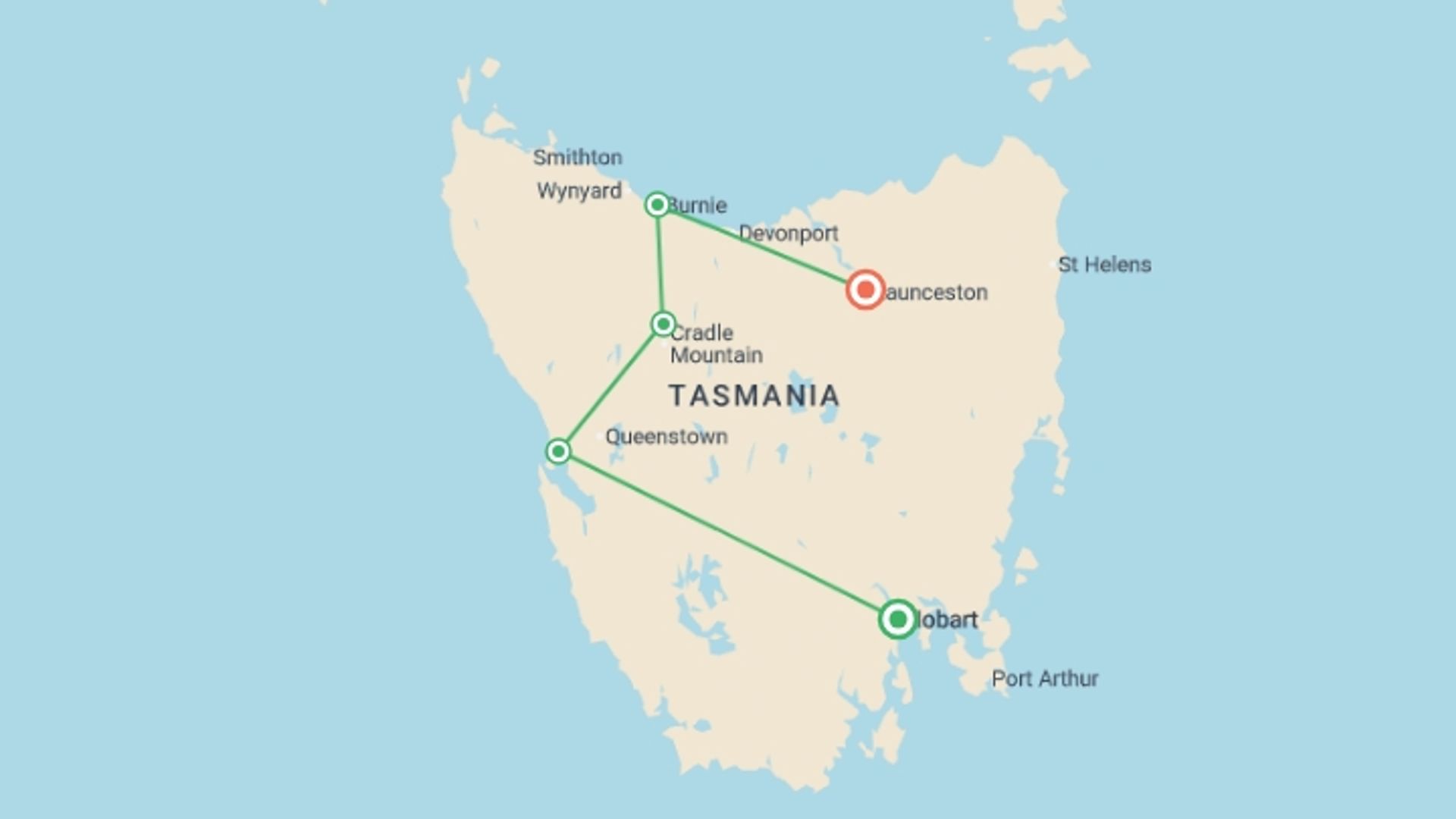 A map showing the tour itinerary for the trip: Tassie's Wilderness Icons, starting in Hobart, Australia and ending in Launceston, Australia going through 2 other destinations.