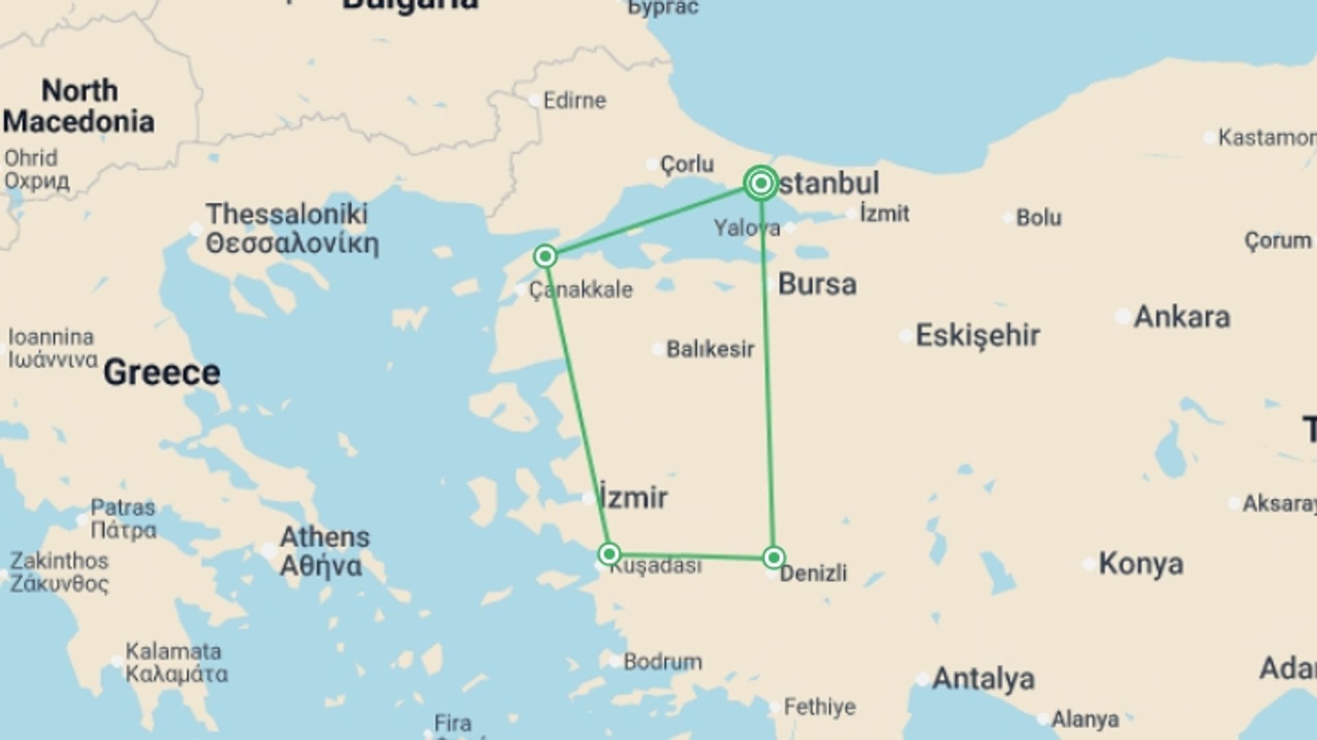 A map showing the tour itinerary for the trip: Taste of Turkey, starting in Istanbul, Turkey and ending in Istanbul, Turkey going through 4 other destinations.