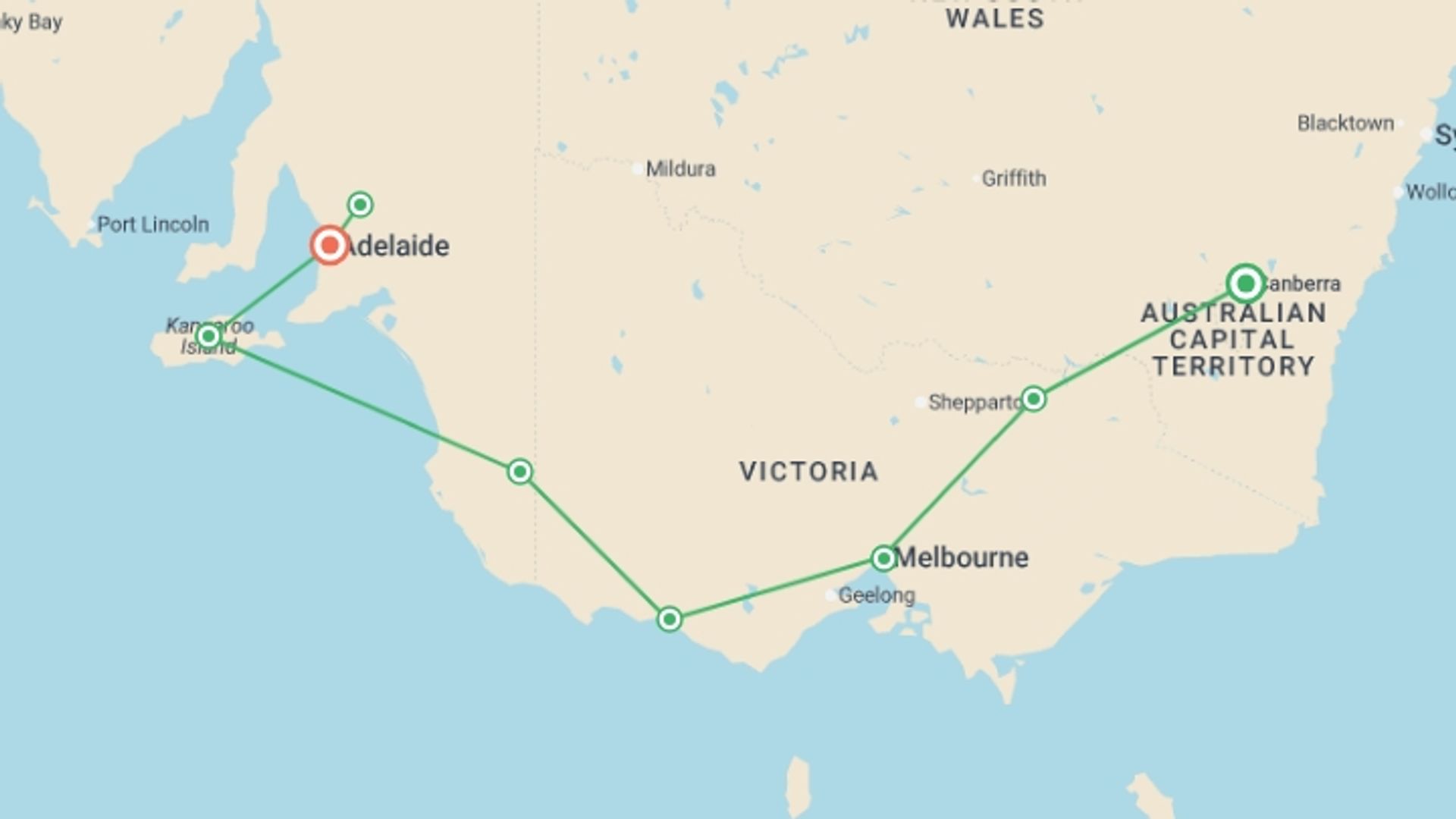 A map showing the tour itinerary for the trip: Tastes of Southern Australia, starting in Sydney and NSW, Australia and ending in Adelaide, Australia going through 6 other destinations.