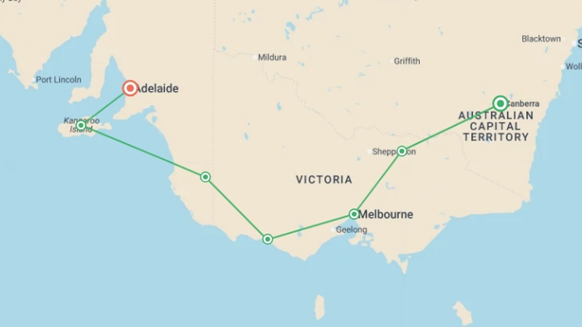 A map showing the tour itinerary for the trip: Tastes of Southern Australia, starting in Australia and ending in Adelaide, Australia going through 5 other destinations.