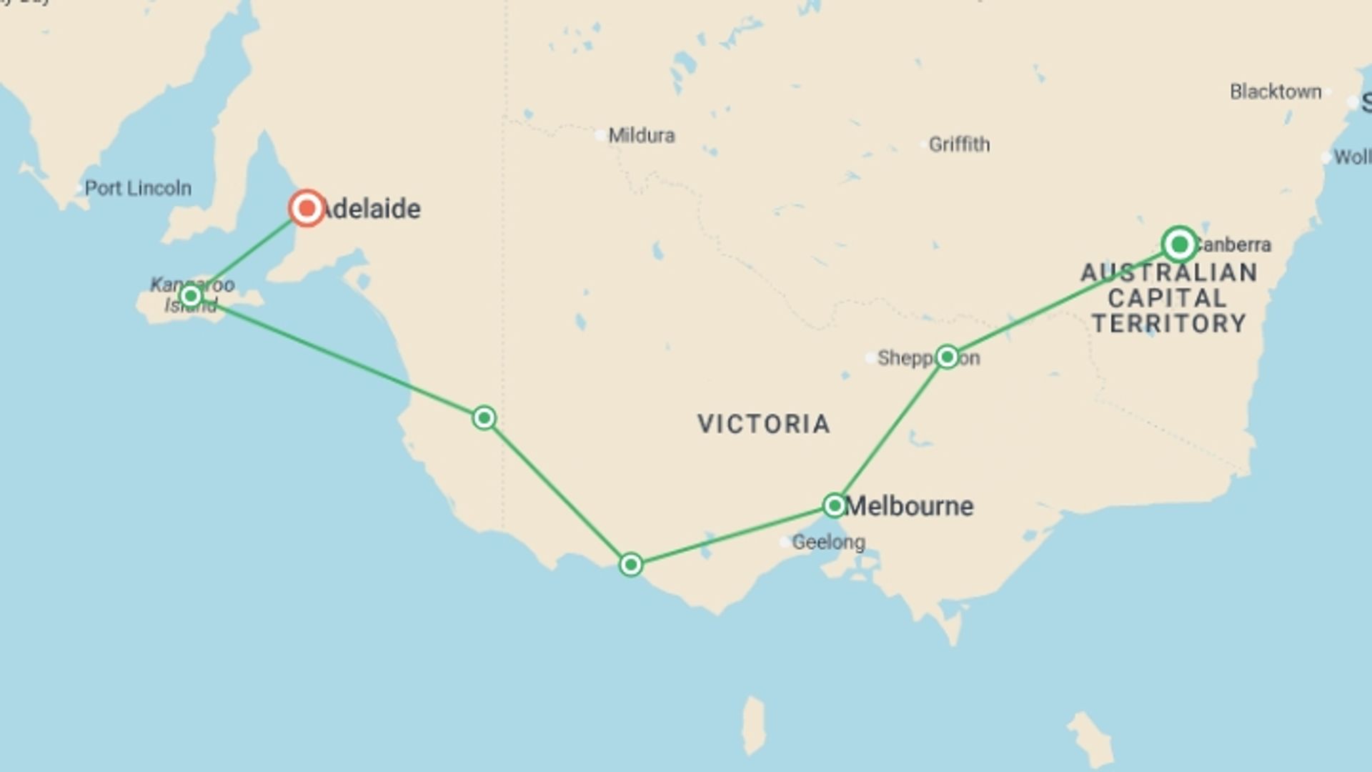 A map showing the tour itinerary for the trip: Tastes of Southern Australia, starting in Australia and ending in Adelaide, Australia going through 5 other destinations.