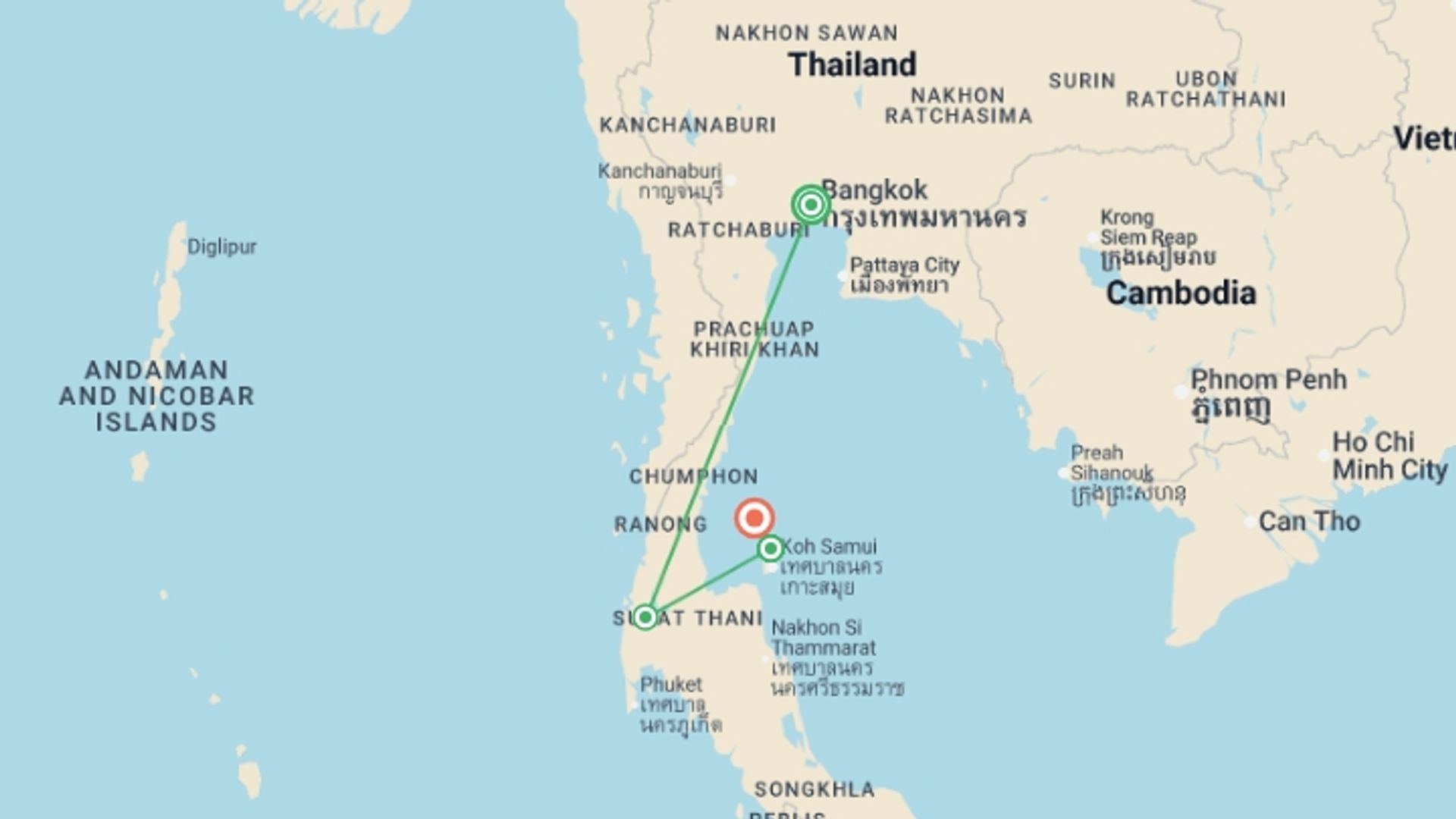 A map showing the tour itinerary for the trip: Thai Intro + Dive, starting in Bangkok, Thailand and ending in Koh Tao, Thailand going through 4 other destinations.