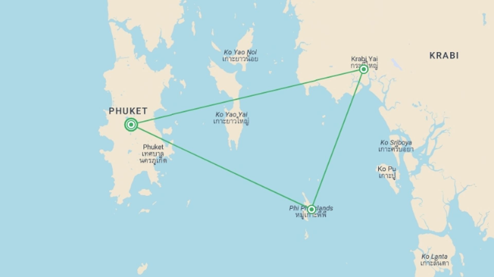 A map showing the tour itinerary for the trip: Thai Island Hopper West, starting in Phuket, Thailand and ending in Phuket, Thailand going through 3 other destinations.