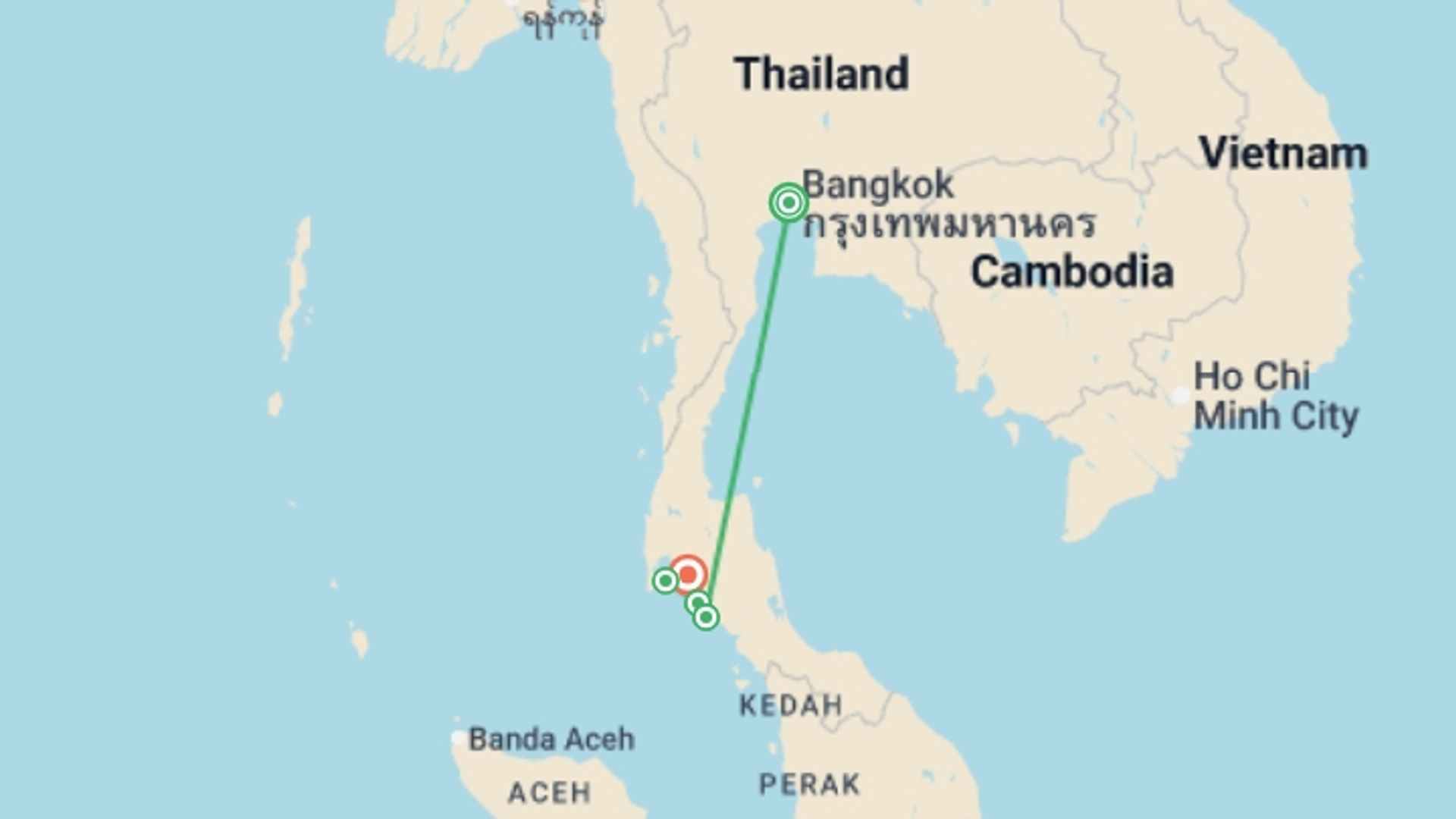 A map showing the tour itinerary for the trip: Thai Island Hopping, starting in Bangkok, Thailand and ending in Krabi, Thailand going through 4 other destinations.