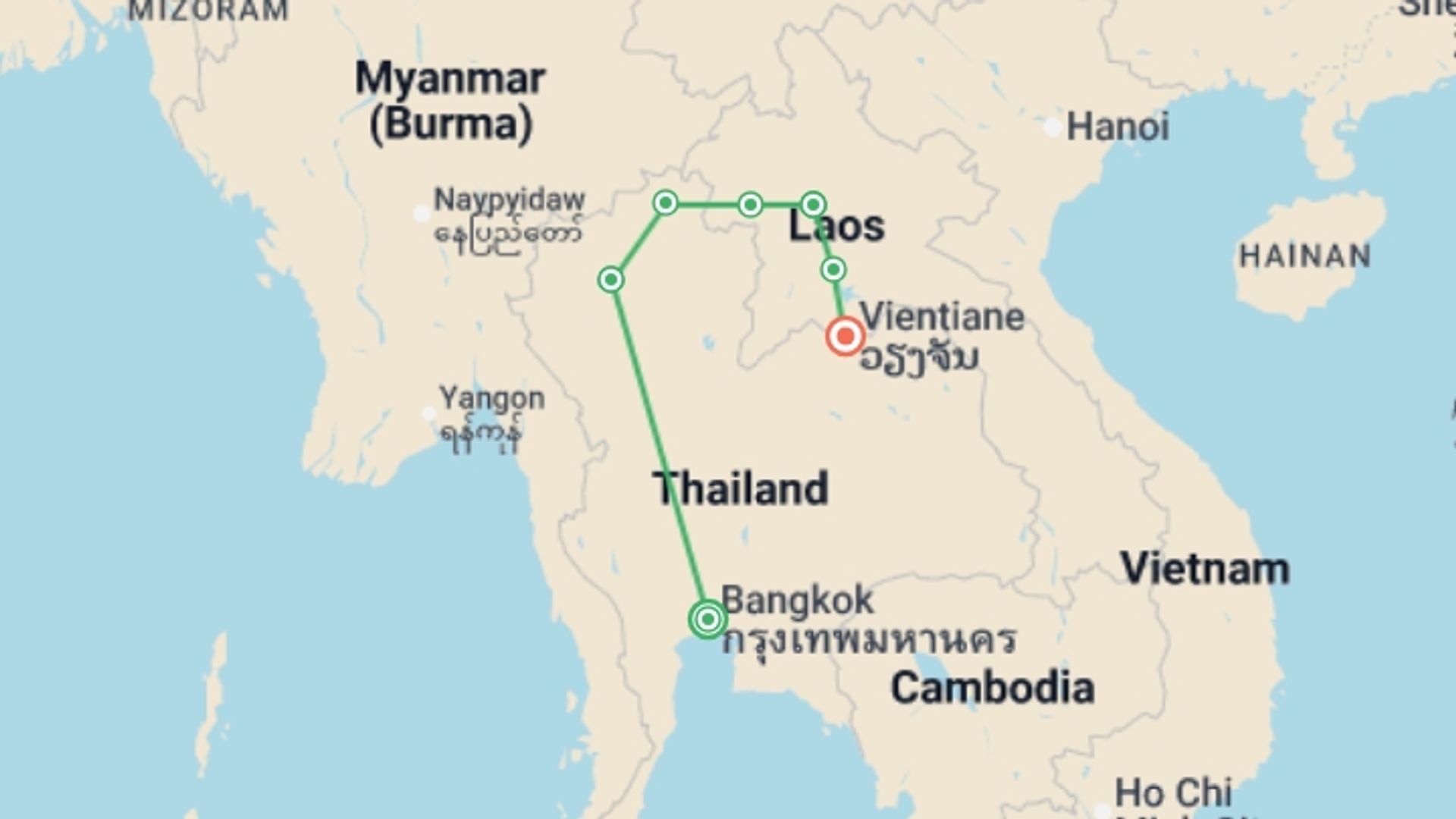 A map showing the tour itinerary for the trip: Thailand and Laos: Ancestral Mekong Route, starting in Bangkok, Thailand and ending in Vientiane, Laos going through 6 other destinations.