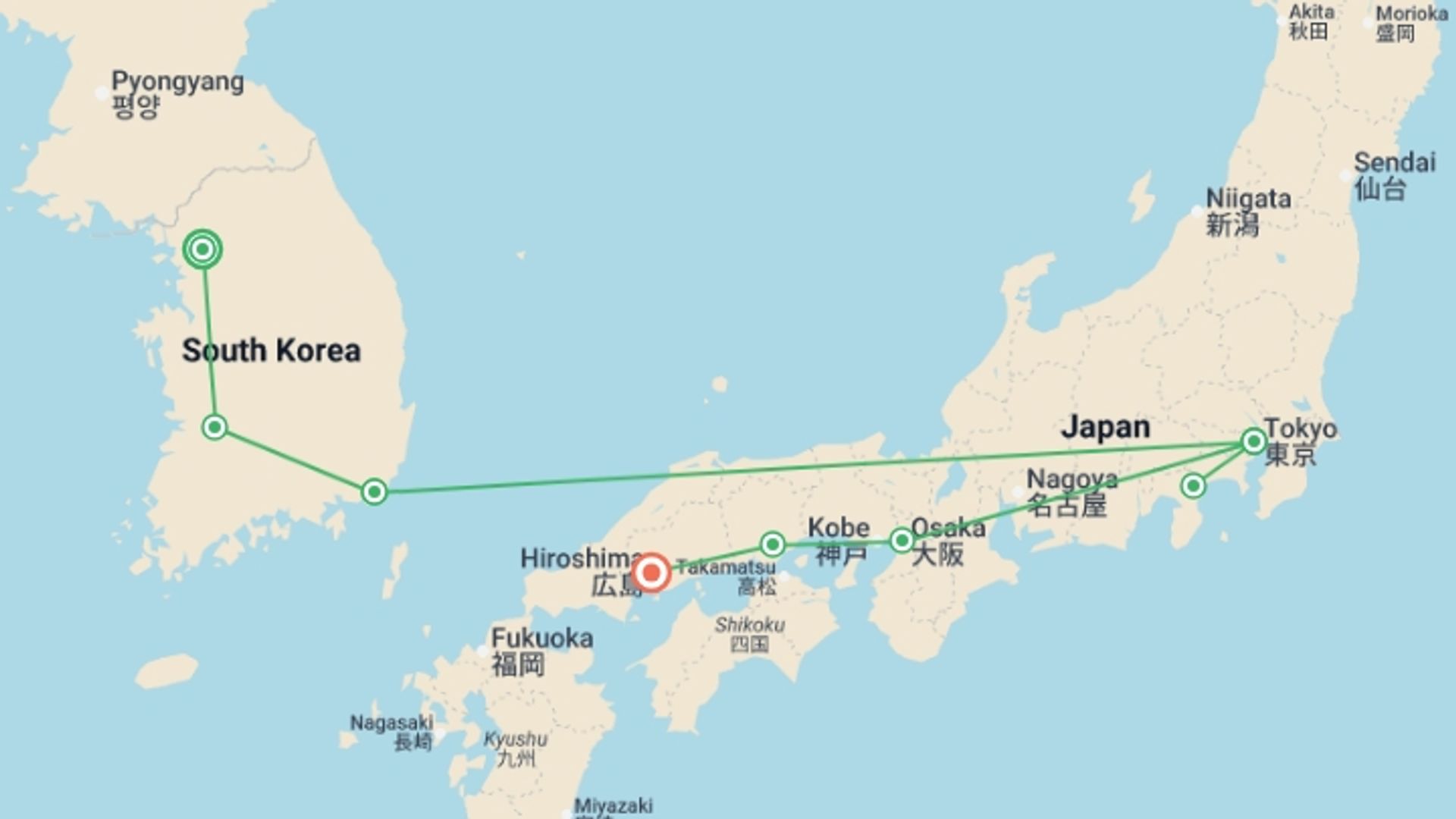 A map showing the tour itinerary for the trip: The Beauty of Korea and Japan with Fuji, starting in Seoul, South Korea and ending in Hiroshima, Japan going through 6 other destinations.