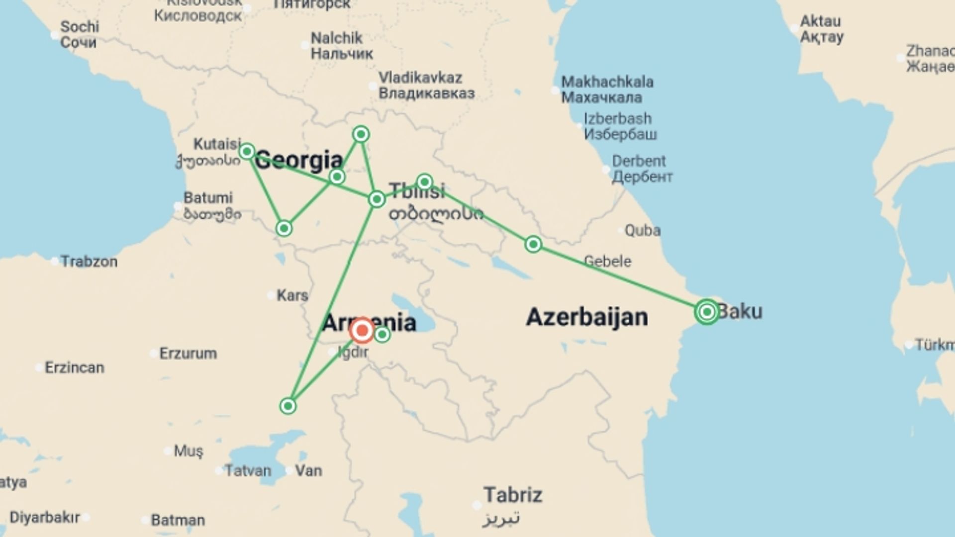 A map showing the tour itinerary for the trip: The Best of Azerbaijan, Georgia and Armenia, starting in Baku, Azerbaijan and ending in Yerevan, Armenia going through 2 other destinations.