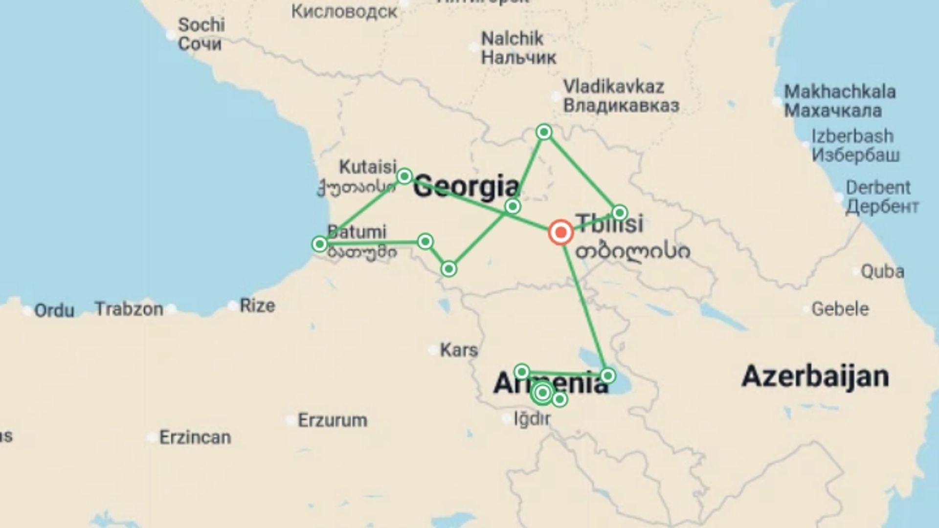 A map showing the tour itinerary for the trip: The Best of Georgia and Armenia, starting in Yerevan, Armenia and ending in Tbilisi, Georgia going through 8 other destinations.