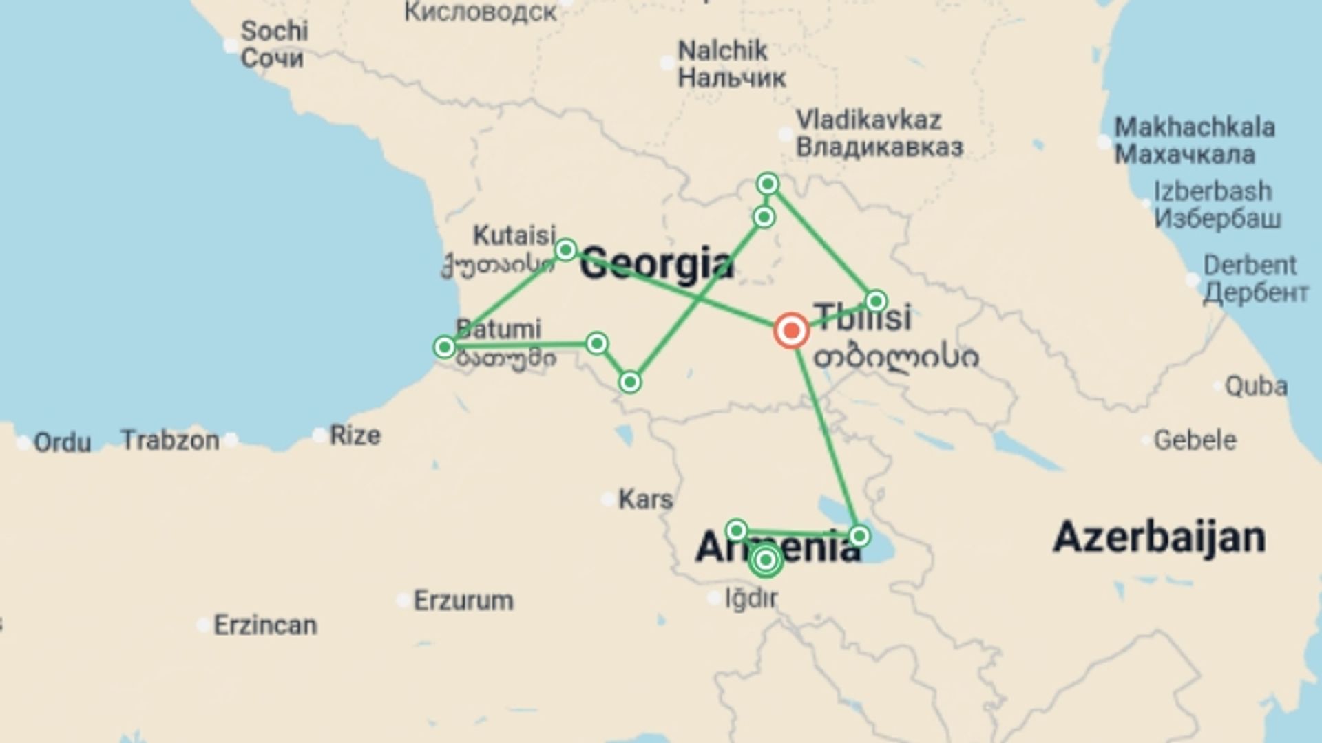 A map showing the tour itinerary for the trip: The Best of Georgia and Armenia, starting in Yerevan, Armenia and ending in Tbilisi, Georgia going through 7 other destinations.