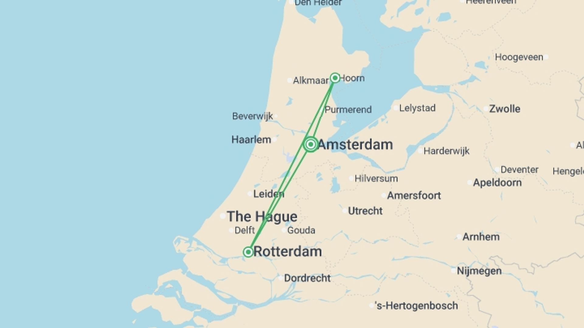 A map showing the tour itinerary for the trip: The Best of The Netherlands (port-to-port cruise), starting in Amsterdam, Holland and ending in Amsterdam, Holland going through 4 other destinations.