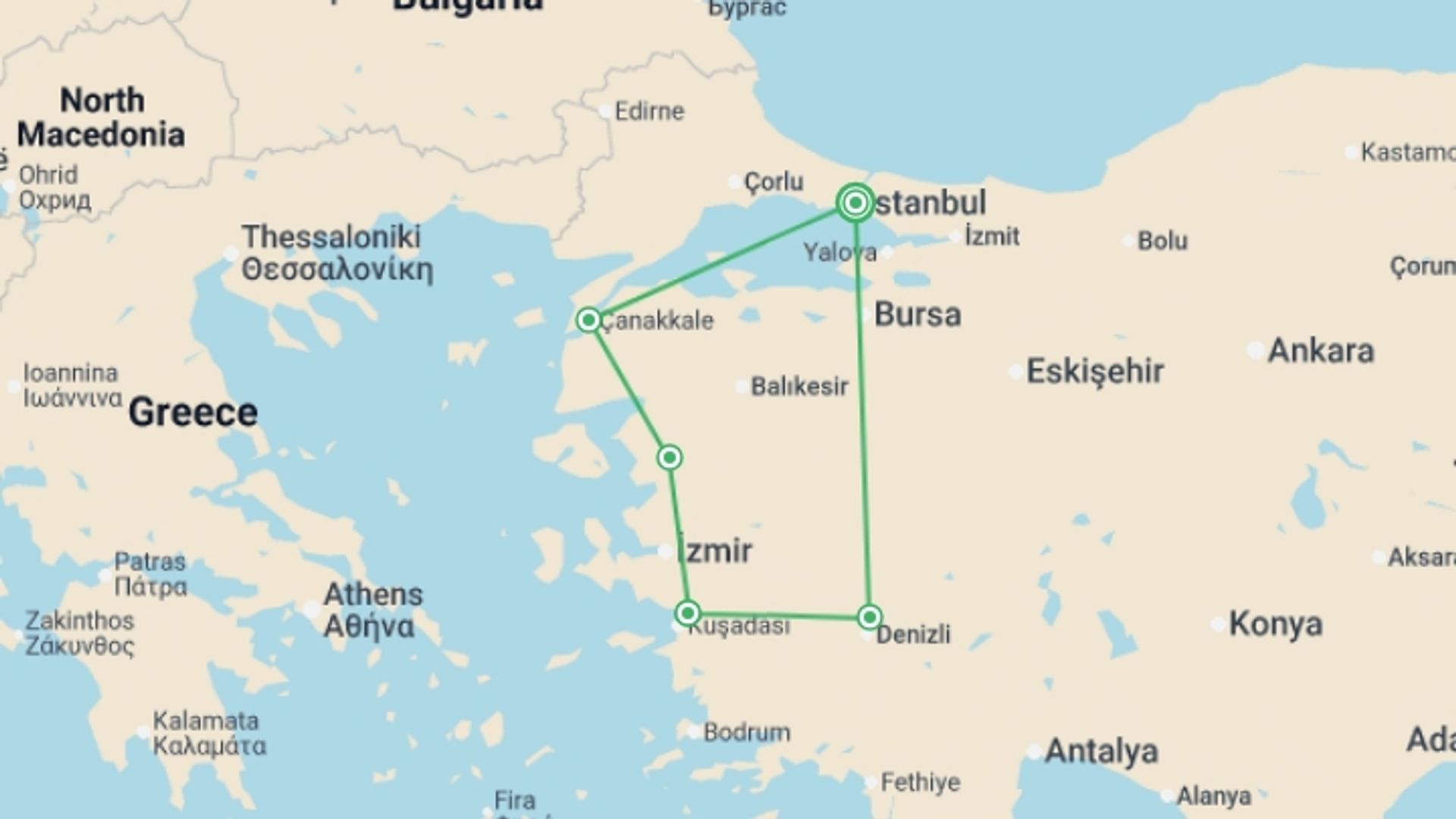 A map showing the tour itinerary for the trip: The Best of Turkey, starting in Istanbul, Turkey and ending in Istanbul, Turkey going through 4 other destinations.