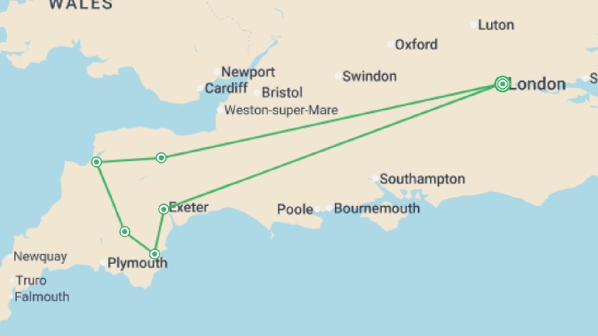 A map showing the tour itinerary for the trip: The Cream of Devon and Cornwall, starting in London, England and ending in London, England going through 1 other destinations.
