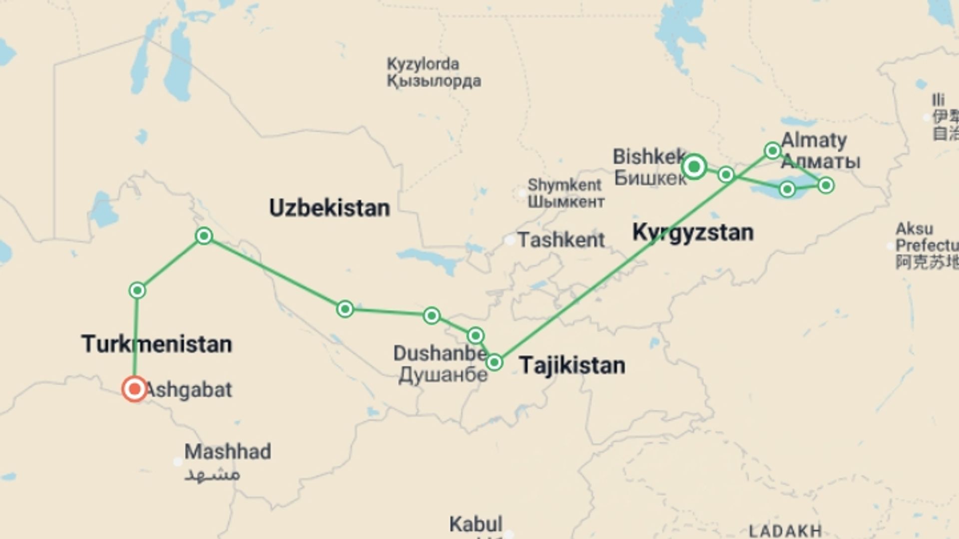 A map showing the tour itinerary for the trip: The Five Stans of The Silk Road, starting in Bishkek, Kyrgyzstan and ending in Ashgabat, Turkmenistan going through 2 other destinations.