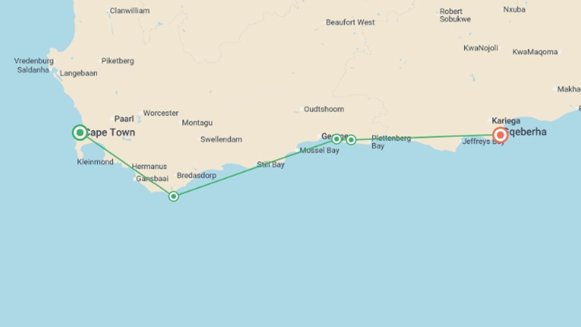A map showing the tour itinerary for the trip: The Garden Route - 5 days, starting in Cape Town, South Africa and ending in Port Elizabeth, South Africa going through 5 other destinations.