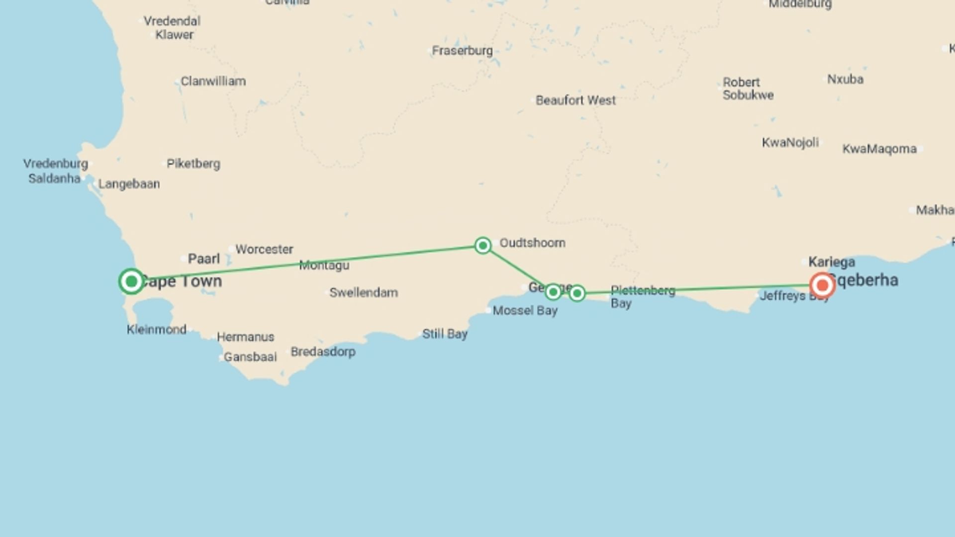 A map showing the tour itinerary for the trip: The Garden Route - 8 days, starting in Cape Town, South Africa and ending in Port Elizabeth, South Africa going through 5 other destinations.