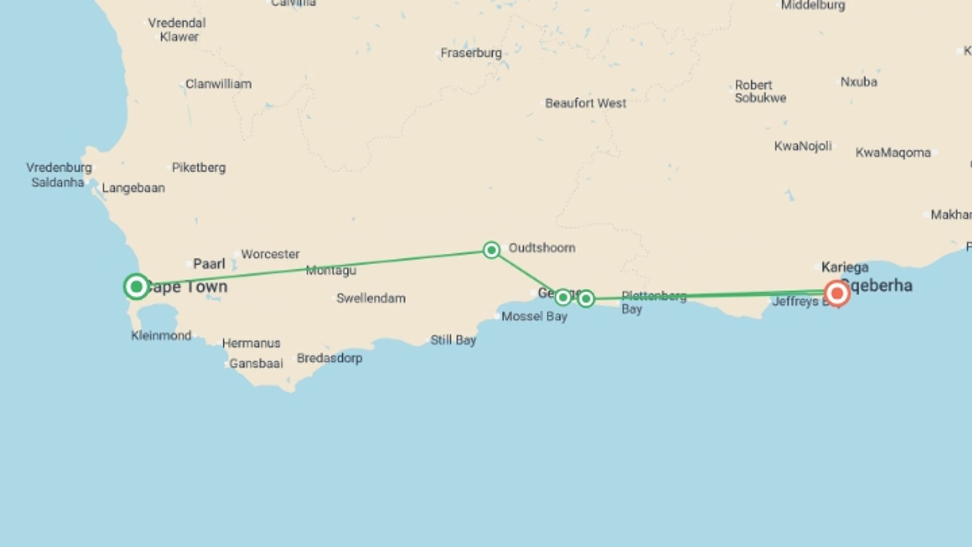 A map showing the tour itinerary for the trip: The Garden Route - 8 days, starting in Cape Town, South Africa and ending in Port Elizabeth, South Africa going through 5 other destinations.