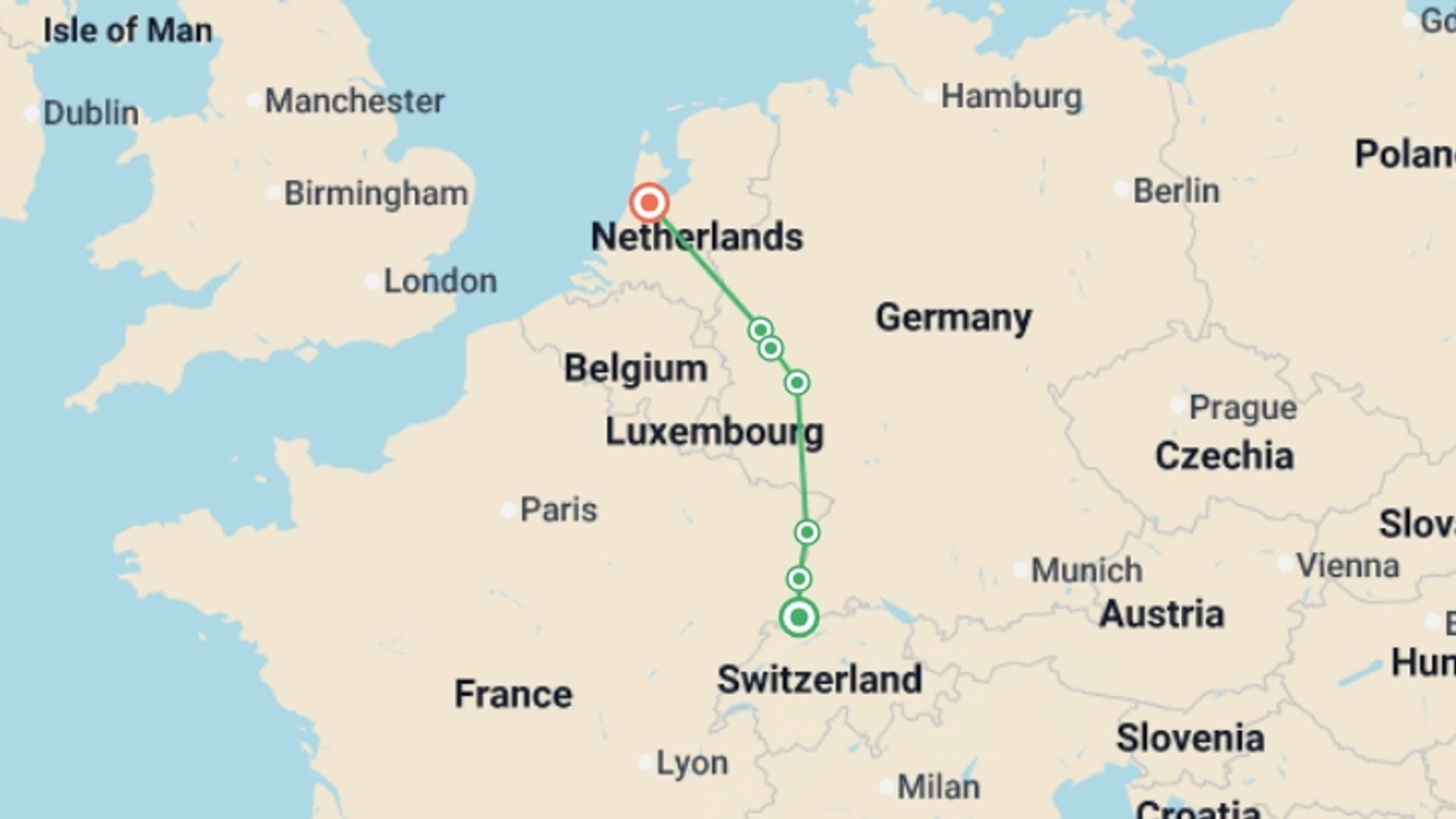 A map showing the tour itinerary for the trip: THE GREAT MUSICAL CRUISE - The Symphonic Rhine: Beethoven, 200 Years of Legacy (port-to-port cruise), starting in Basel, Switzerland and ending in Amsterdam, Holland going through 4 other destinations.