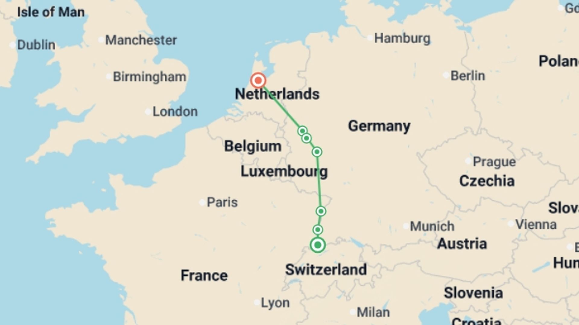A map showing the tour itinerary for the trip: THE GREAT MUSICAL CRUISE - The Symphonic Rhine: Beethoven, 200 Years of Legacy (port-to-port cruise), starting in Basel, Switzerland and ending in Amsterdam, Holland going through 4 other destinations.