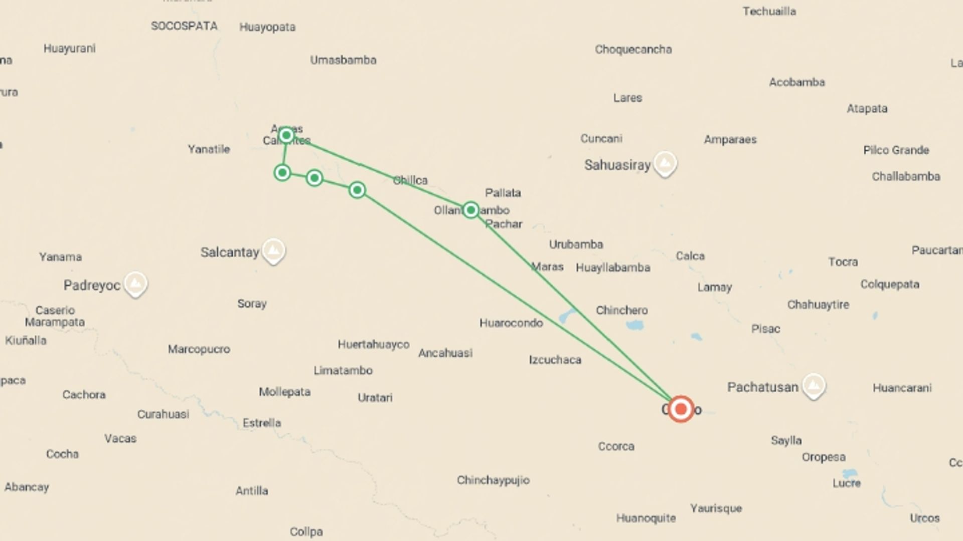 A map showing the tour itinerary for the trip: The Inca Trail, starting in Cusco, Peru and ending in Cusco, Peru going through 4 other destinations.