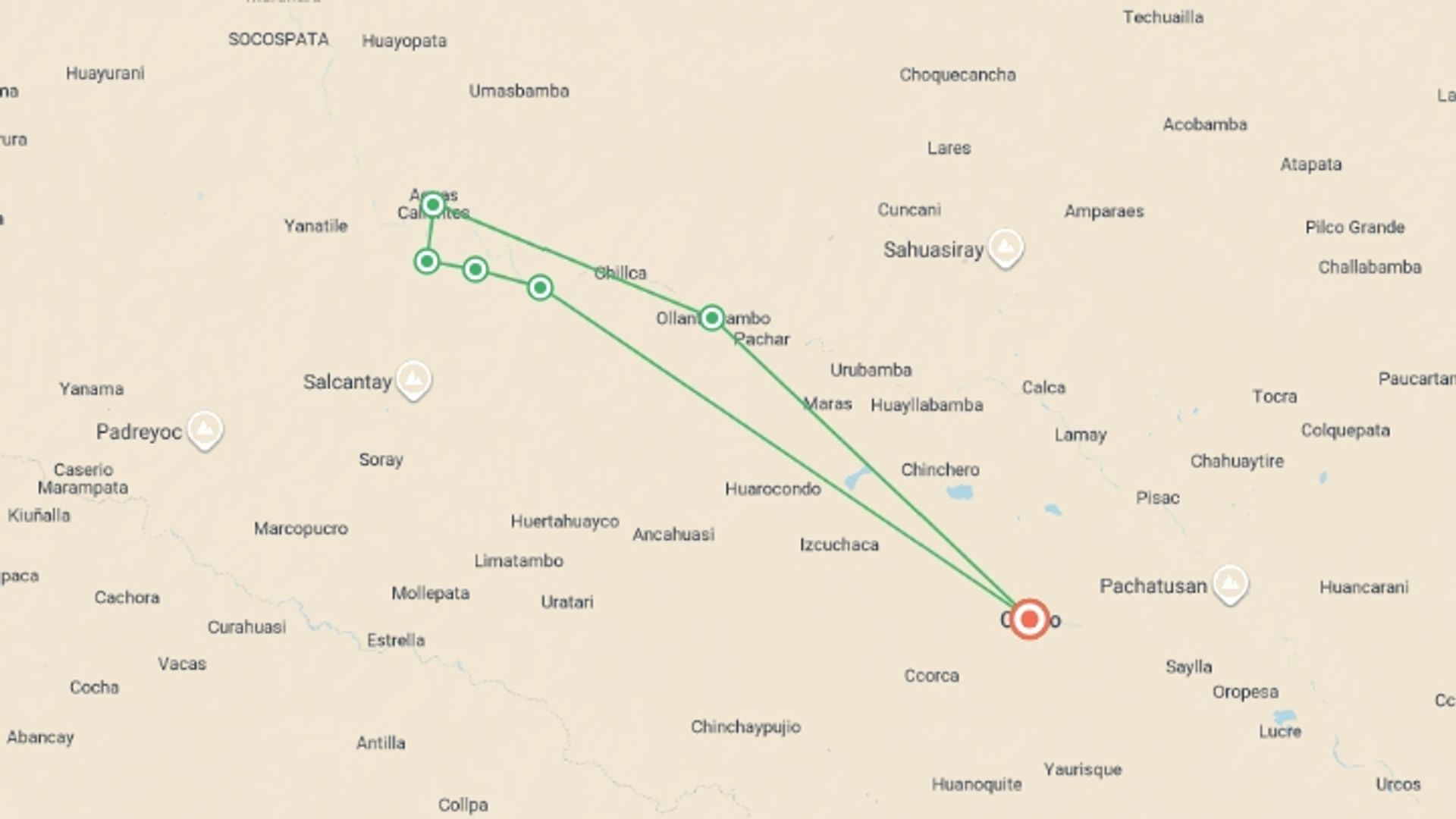 A map showing the tour itinerary for the trip: The Inca Trail, starting in Cusco, Peru and ending in Cusco, Peru going through 4 other destinations.