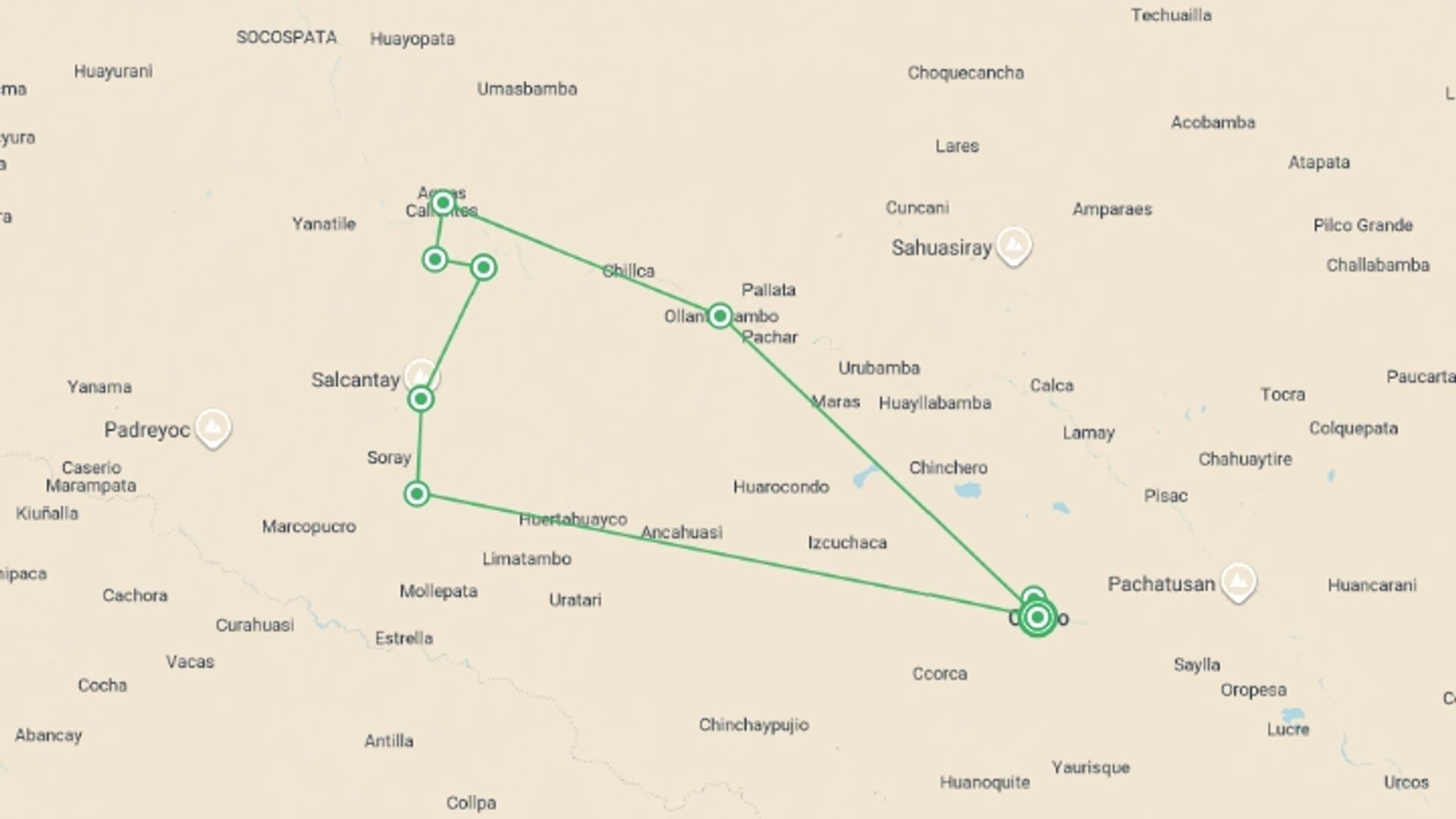 A map showing the tour itinerary for the trip: The Inca Trail & Salkantay Trek, starting in Cusco, Peru and ending in Cusco, Peru going through 5 other destinations.