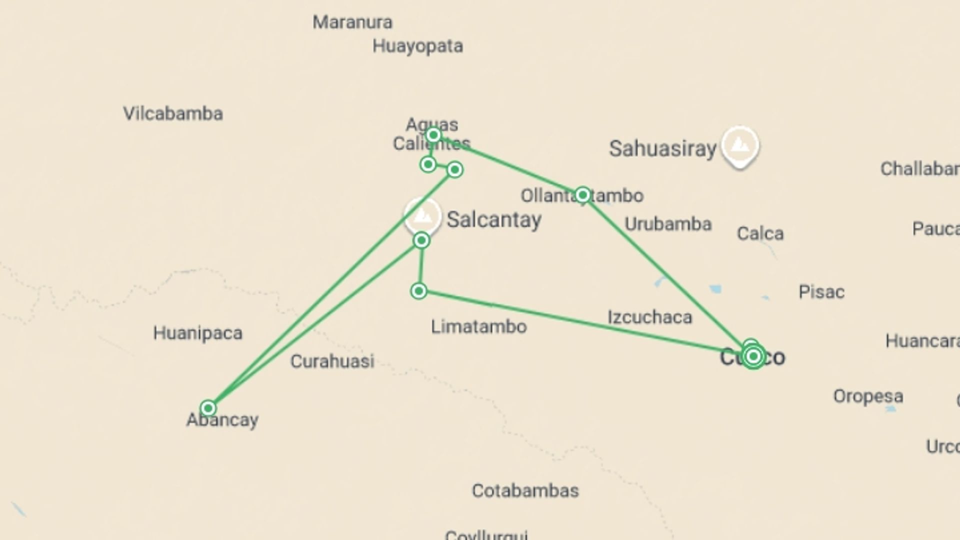 A map showing the tour itinerary for the trip: The Inca Trail & Salkantay Trek, starting in Cusco, Peru and ending in Cusco, Peru going through 6 other destinations.