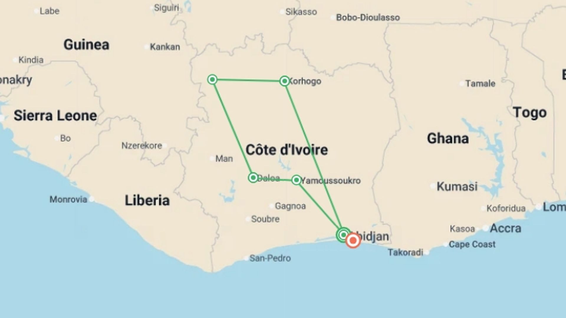 A map showing the tour itinerary for the trip: The Ivory Coast, starting in Abidjan, Ivory Coast and ending in Grand Bassam, Ivory Coast going through 2 other destinations.