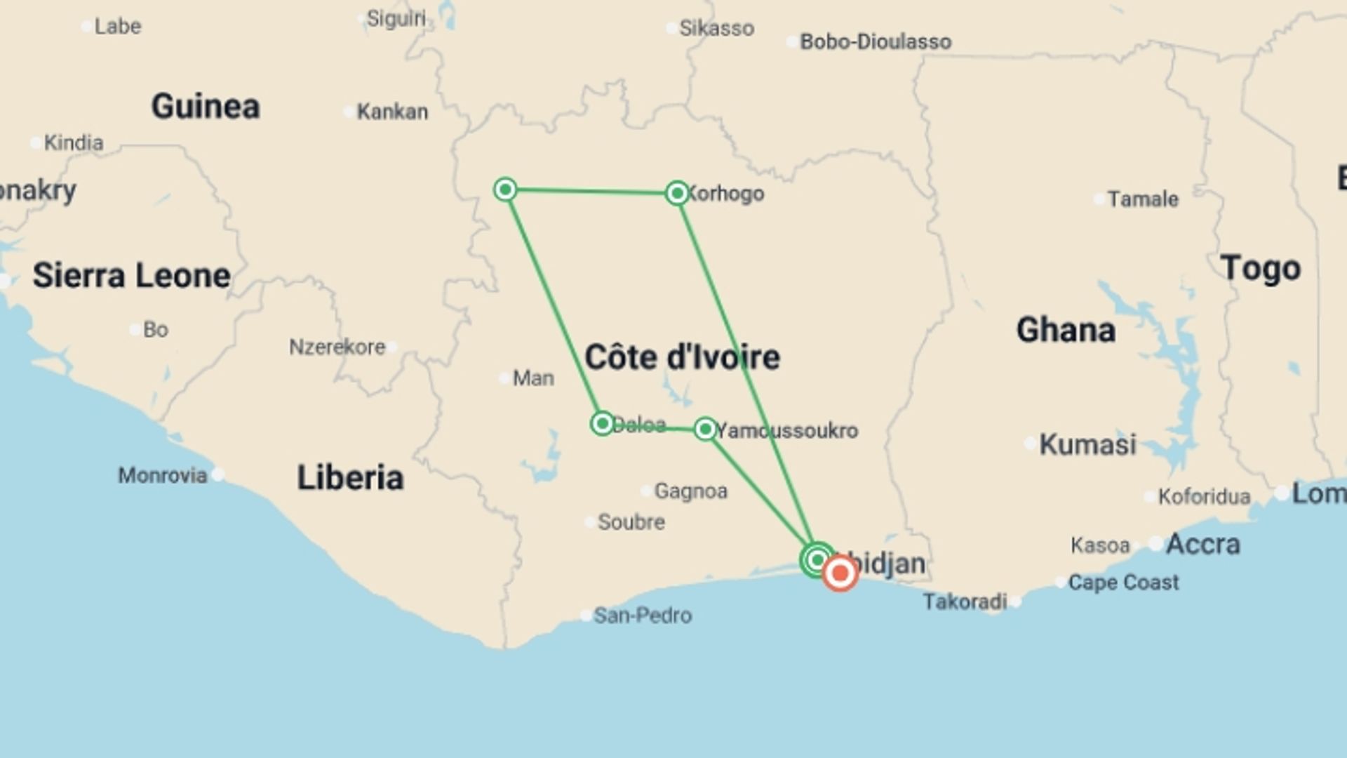 A map showing the tour itinerary for the trip: The Ivory Coast, starting in Abidjan, Ivory Coast and ending in Grand Bassam, Ivory Coast going through 2 other destinations.