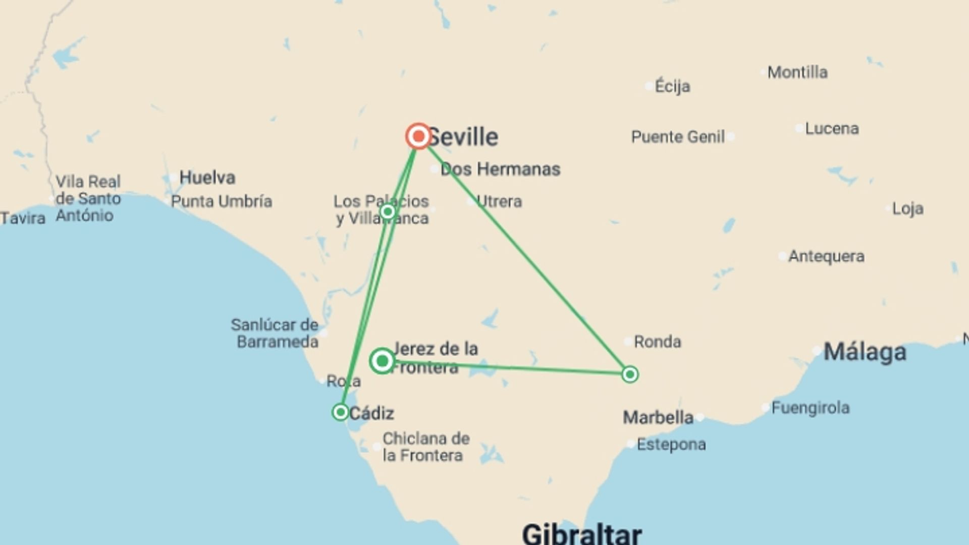A map showing the tour itinerary for the trip: The Jamón Ibérico Route and the Pueblos Blancos - Amazing Andalusia: Enchanting Traditional Architecture and Fabulous Cuisine (port-to-port cruise), starting in Jerez, Spain and ending in Seville, Spain going through 3 other destinations.