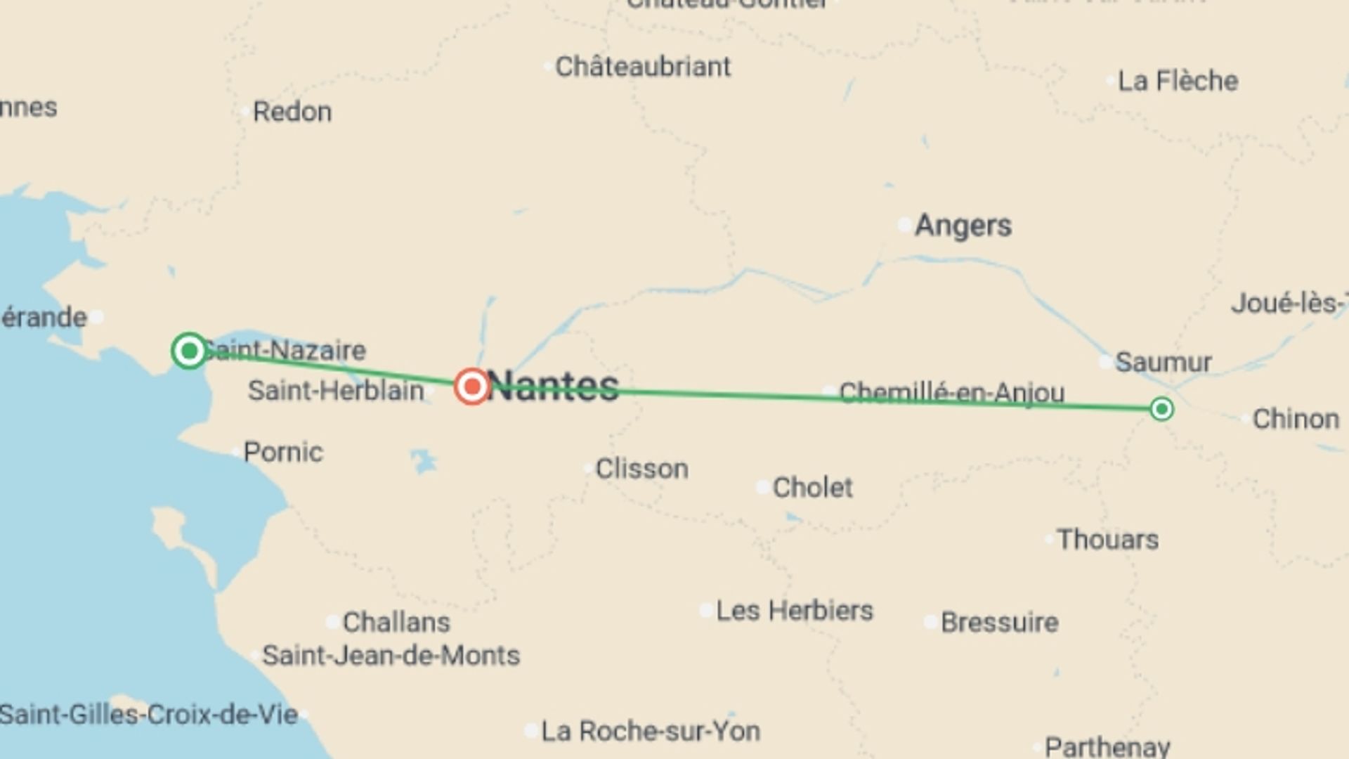 A map showing the tour itinerary for the trip: The Loire: between cultural immersion, traditional folklore and local flavors (port-to-port cruise), starting in Pays de la Loire, France and ending in Pays de la Loire, France going through 2 other destinations.