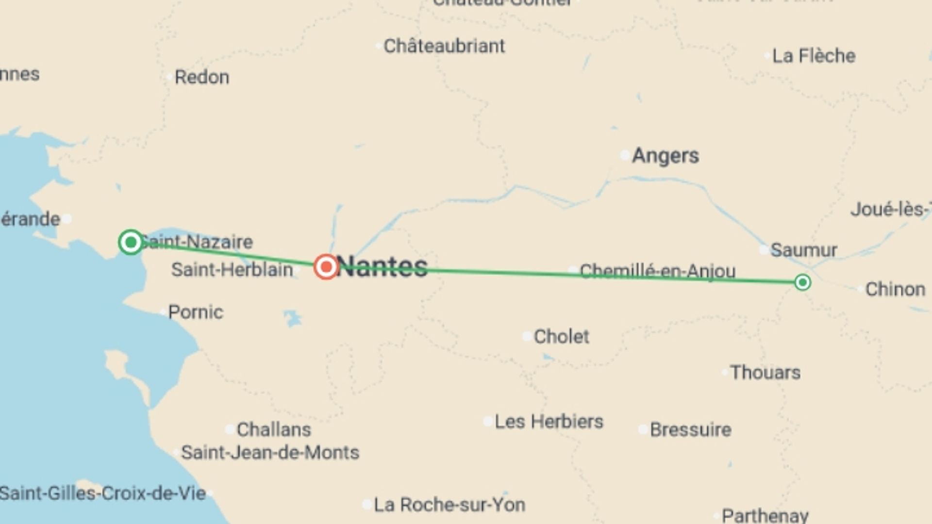 A map showing the tour itinerary for the trip: The Loire: between cultural immersion, traditional folklore and local flavors (port-to-port cruise), starting in Pays de la Loire, France and ending in Pays de la Loire, France going through 2 other destinations.