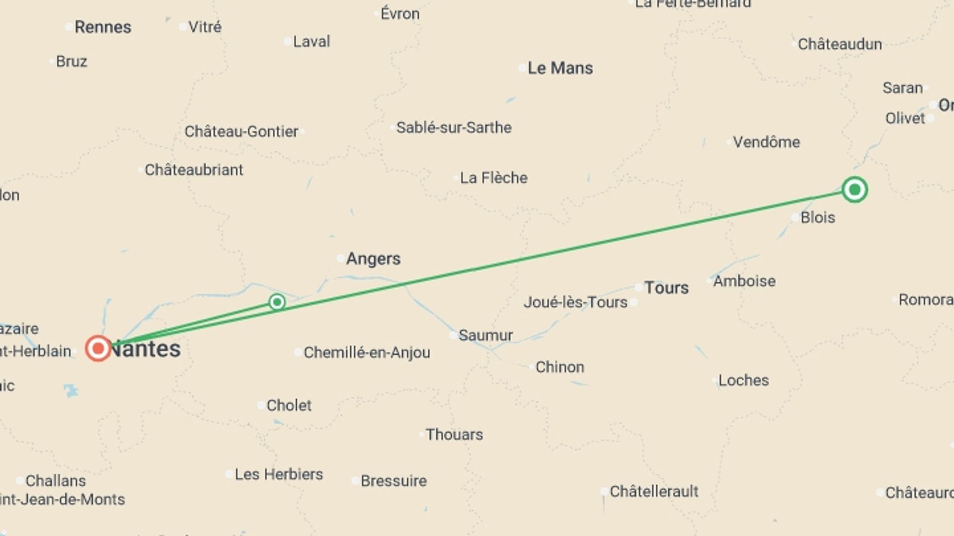 A map showing the tour itinerary for the trip: The Loire Valley, a Royal legacy (port-to-port cruise), starting in Brittany, France and ending in Brittany, France going through 3 other destinations.