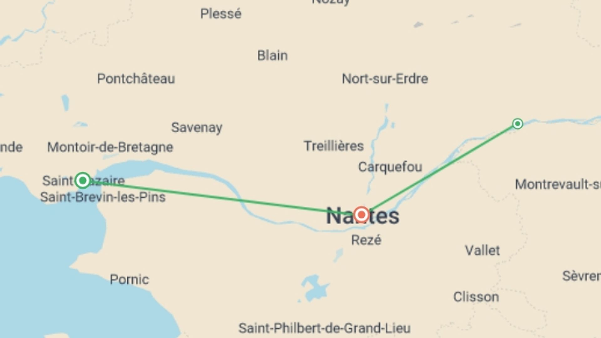 A map showing the tour itinerary for the trip: The Loire Valley, a Royal legacy (port-to-port cruise), starting in Brittany, France and ending in Brittany, France going through 2 other destinations.