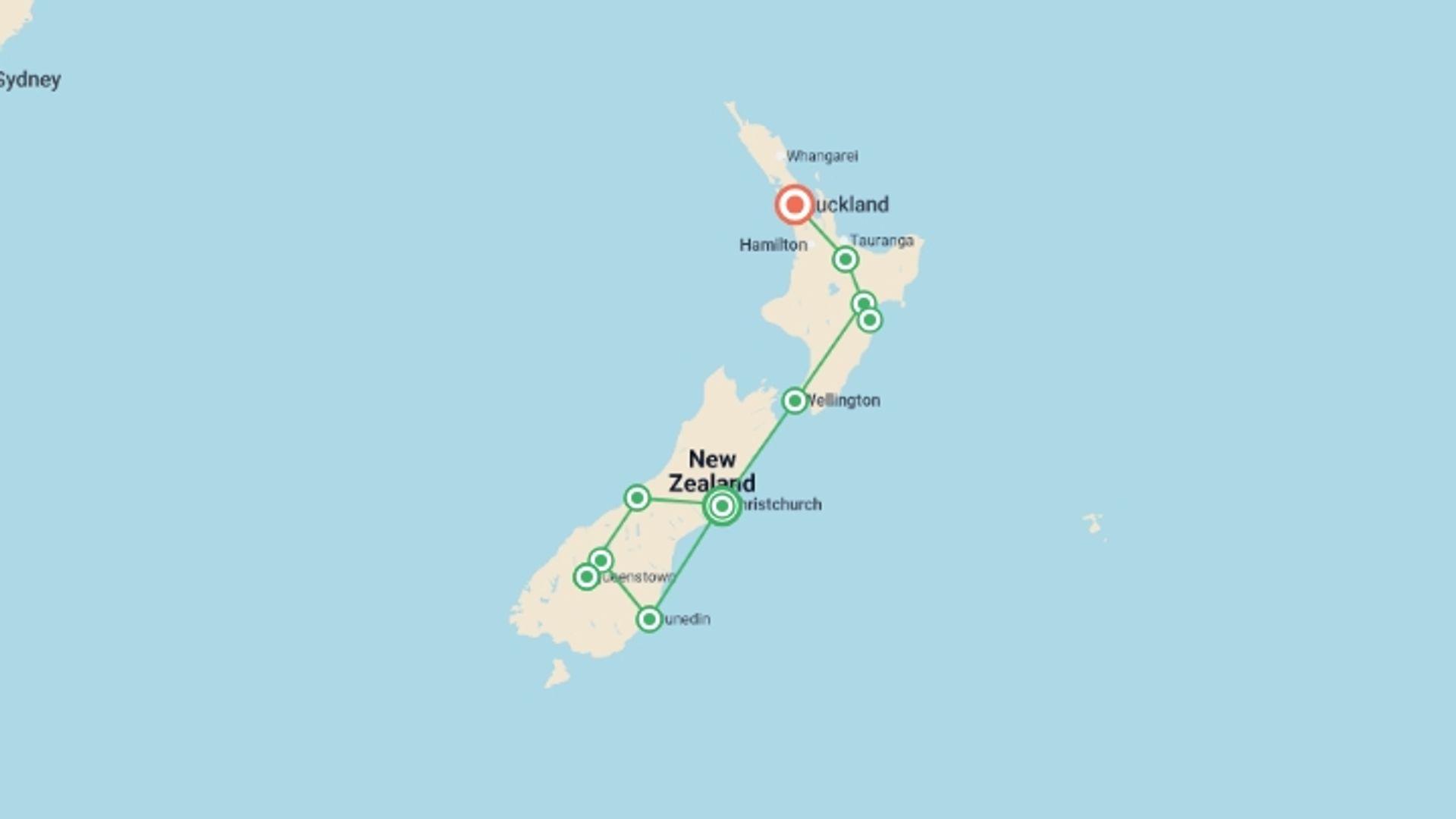 A map showing the tour itinerary for the trip: The Long White Cloud, starting in Christchurch, New Zealand and ending in Auckland, New Zealand going through 9 other destinations.